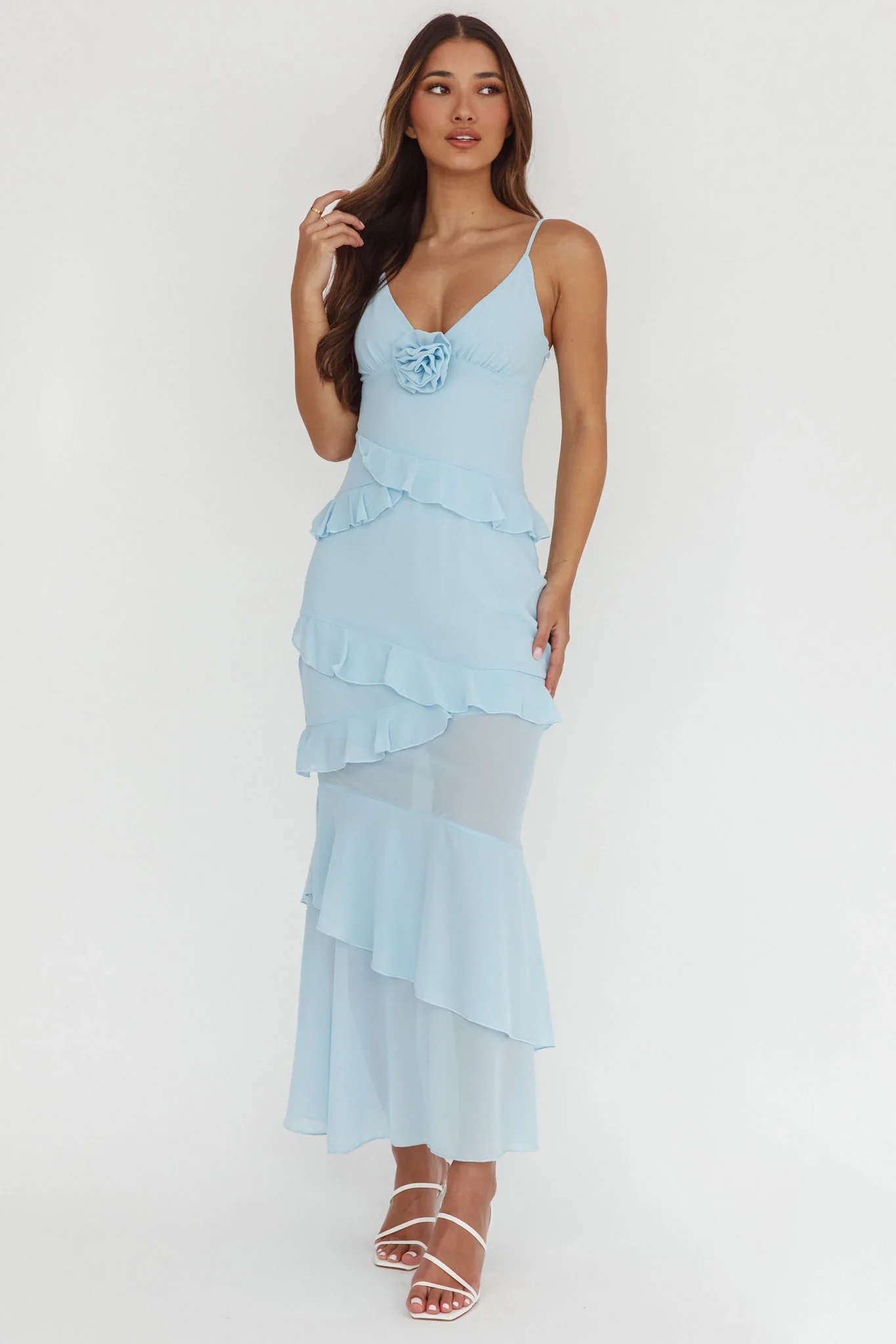 Marlie Frill Trim Rosette Maxi Dress Blue
