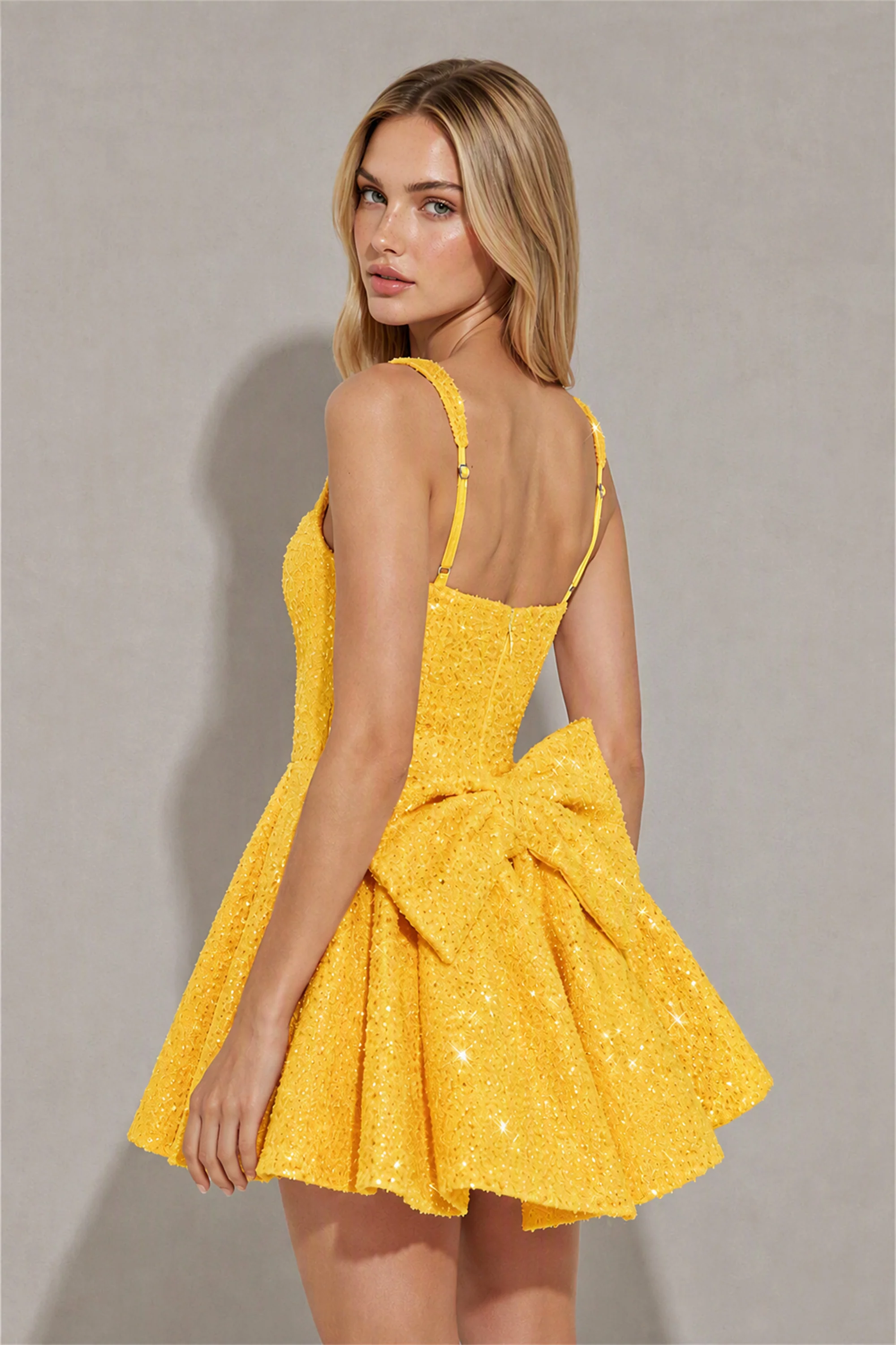 BOLODOO Yellow Sequin Square Neck Wide Strap Bow Waist Open Back Fit and Flare Mini Dress | Prom Birthday Party Dress