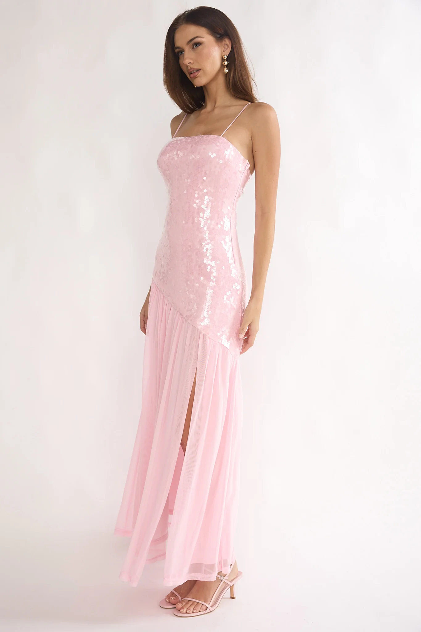 Azure Sun Drop Waist Split Maxi Dress Sequin Pink - luluinthesky