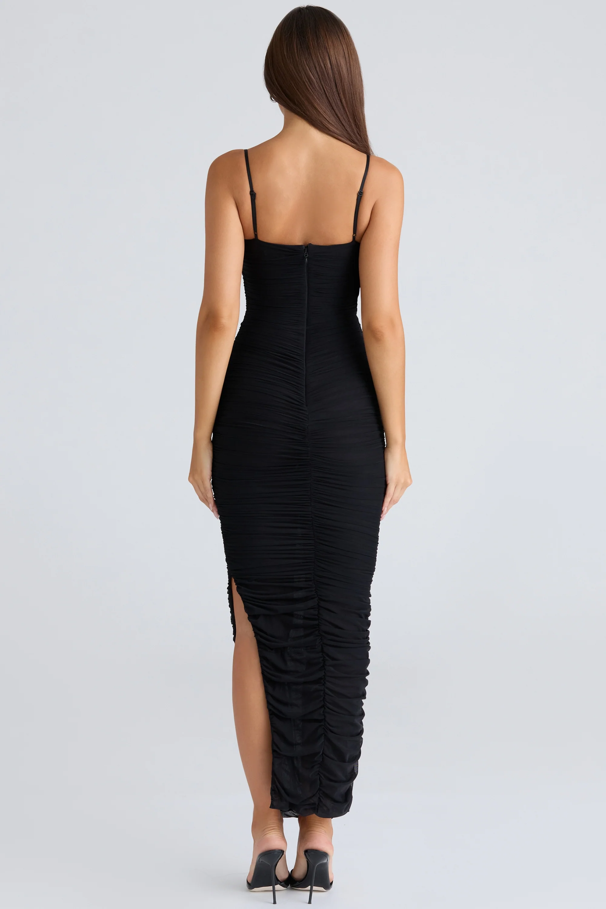 Black Gathered Stretch Mesh Maxi Dress