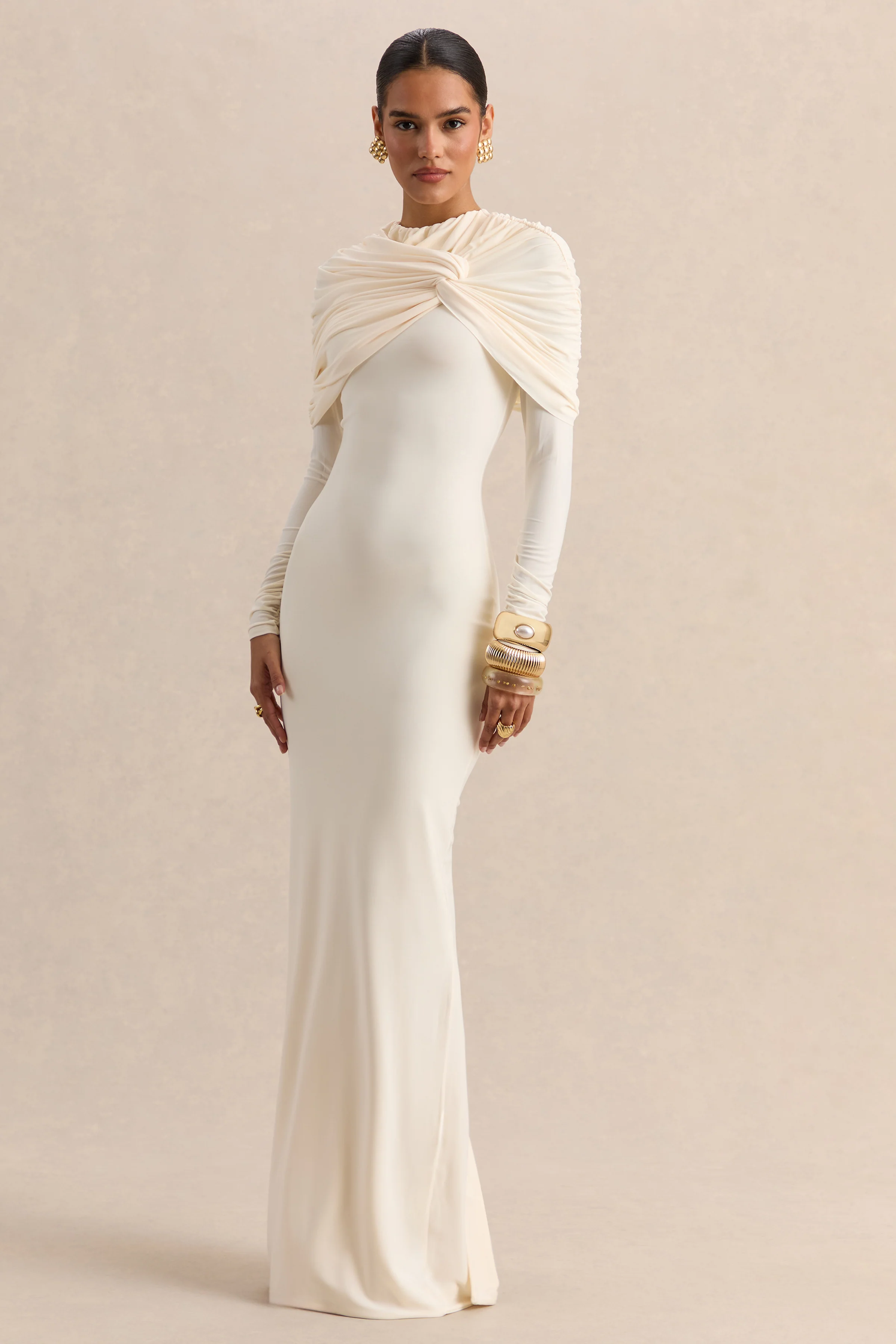 Evessa | Cream Crew-Neck Maxi Dress With Gathered-Detailing