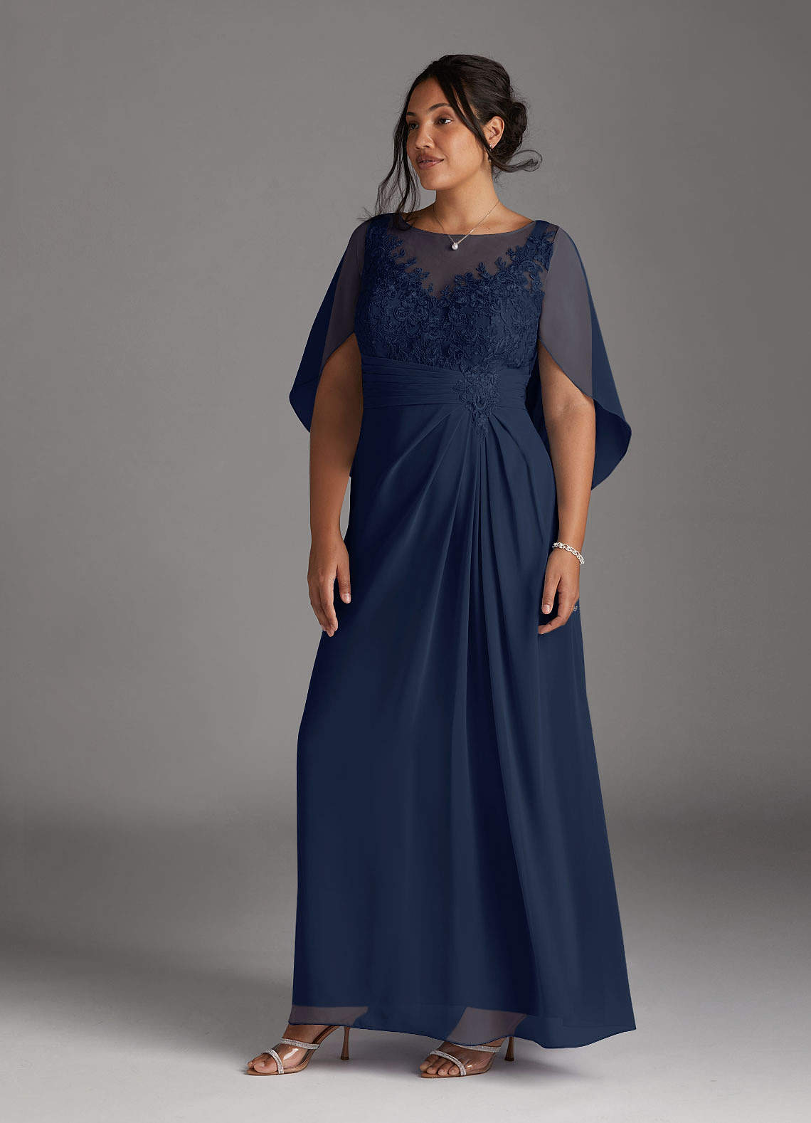 Dark Navy A-Line Lace Capelet Chiffon Dress
