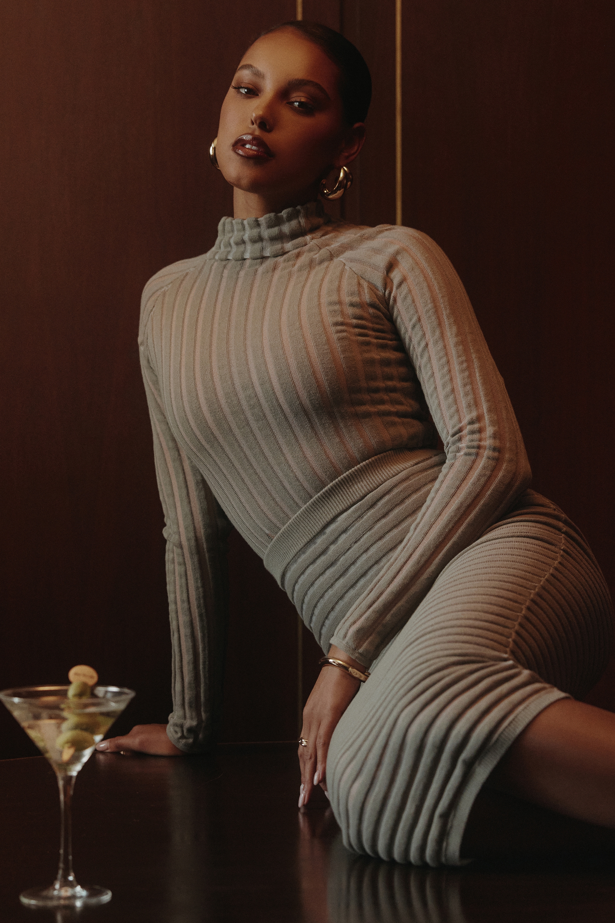 grey velour sheer striped bodysuit