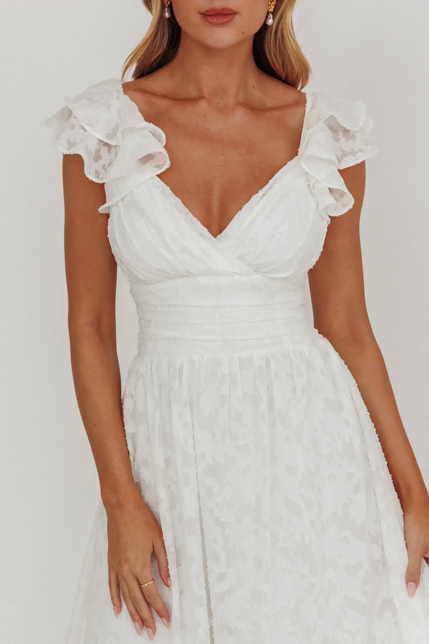 Lola Ruffle Shoulder Maxi Dress Textured White - luluinthesky