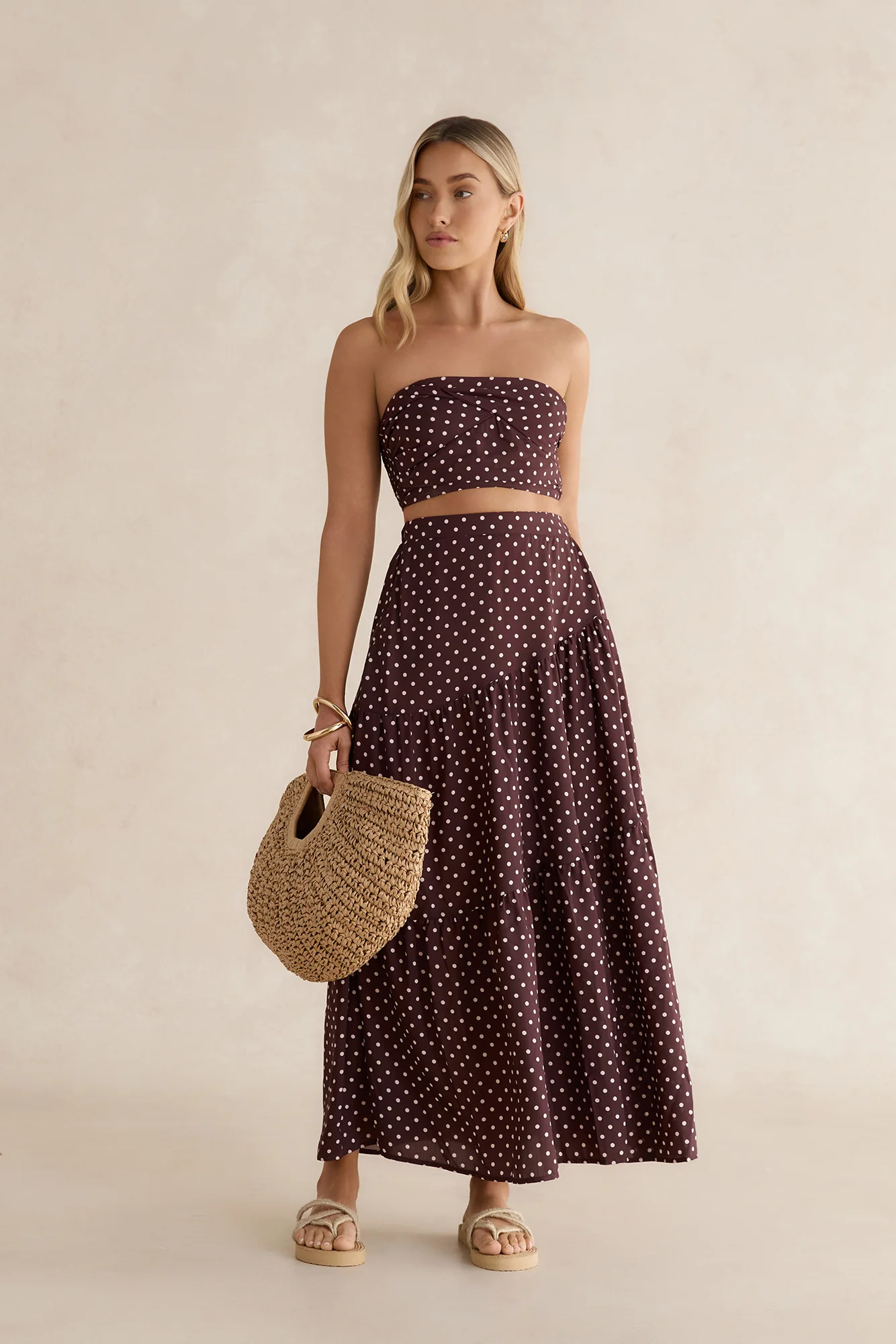 Shimmering Sands Polka Dot Maxi Skirt Brown