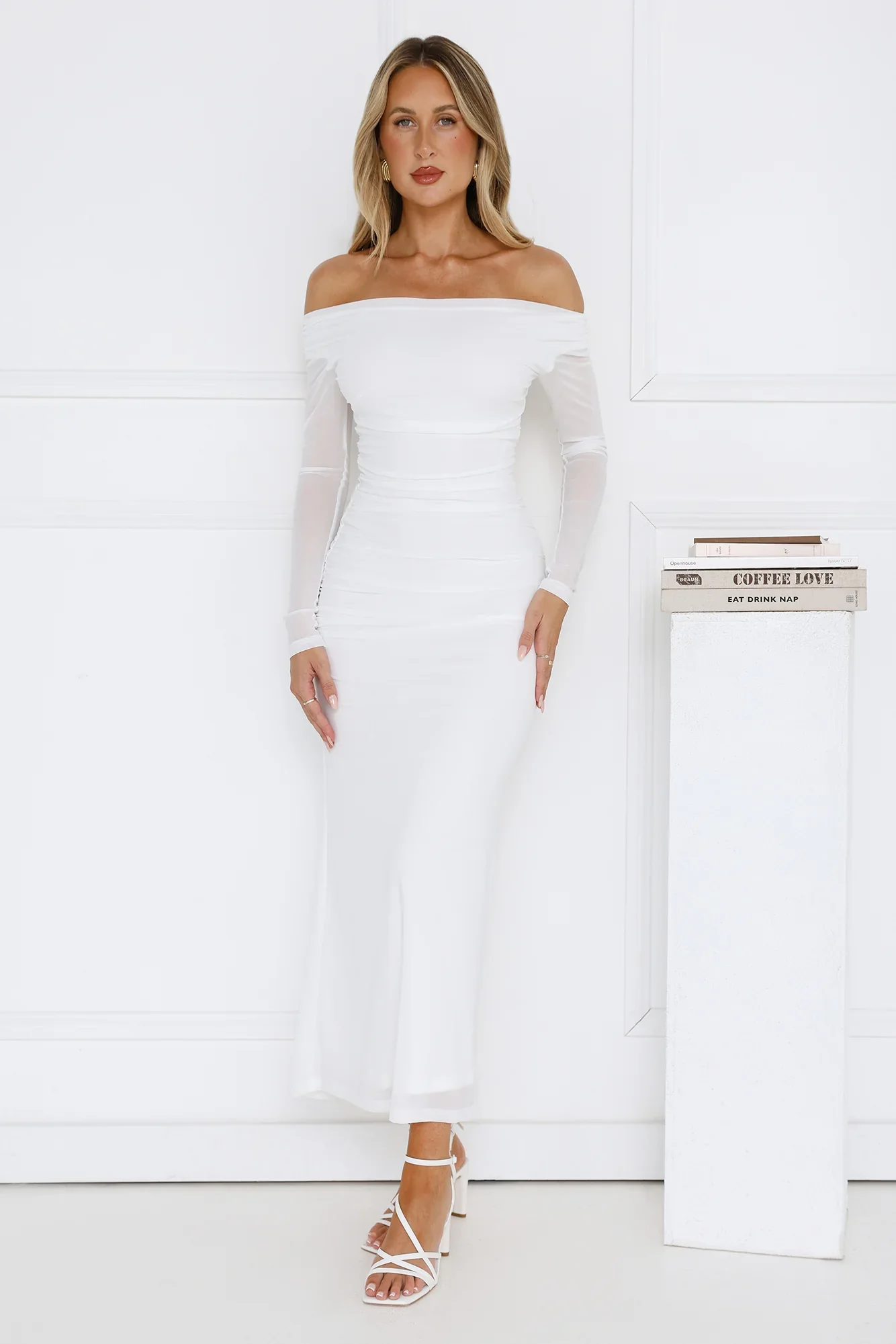 Curve Embrace Off Shoulder Mesh Maxi Dress White - luluinthesky