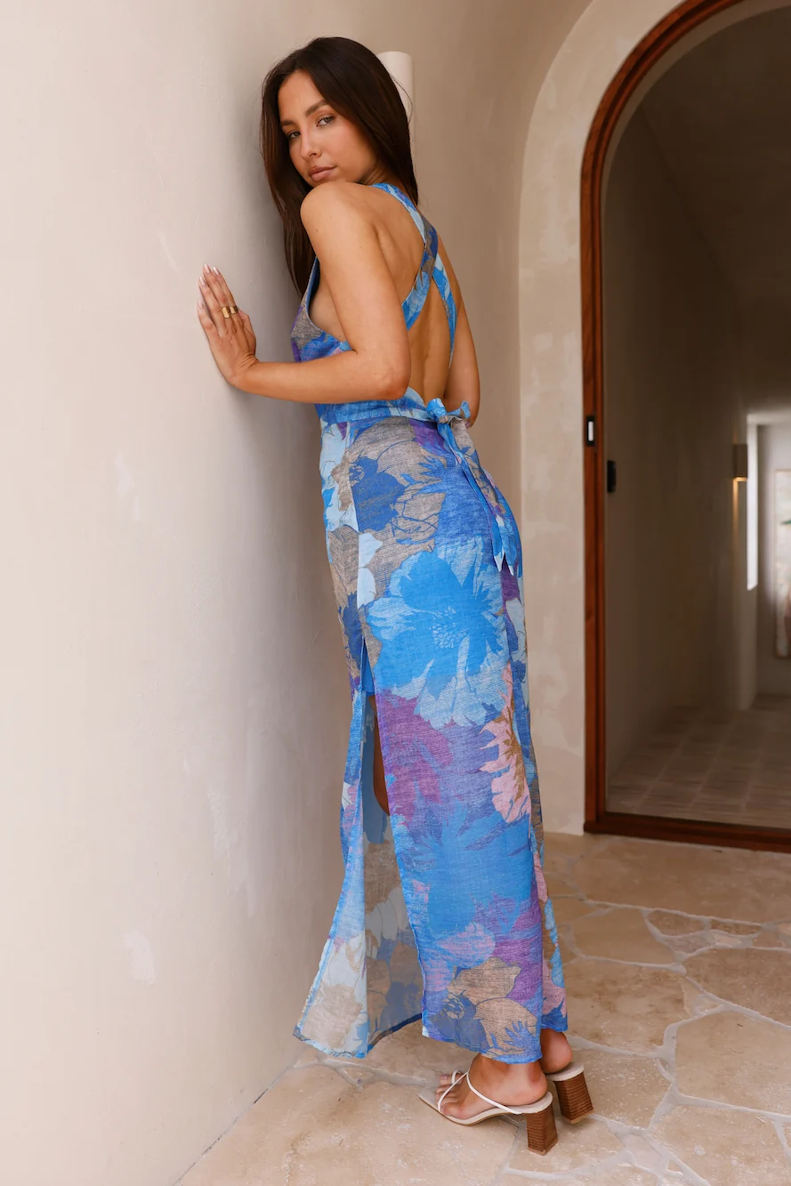 Tropical Retreat Halter Maxi Dress Blue
