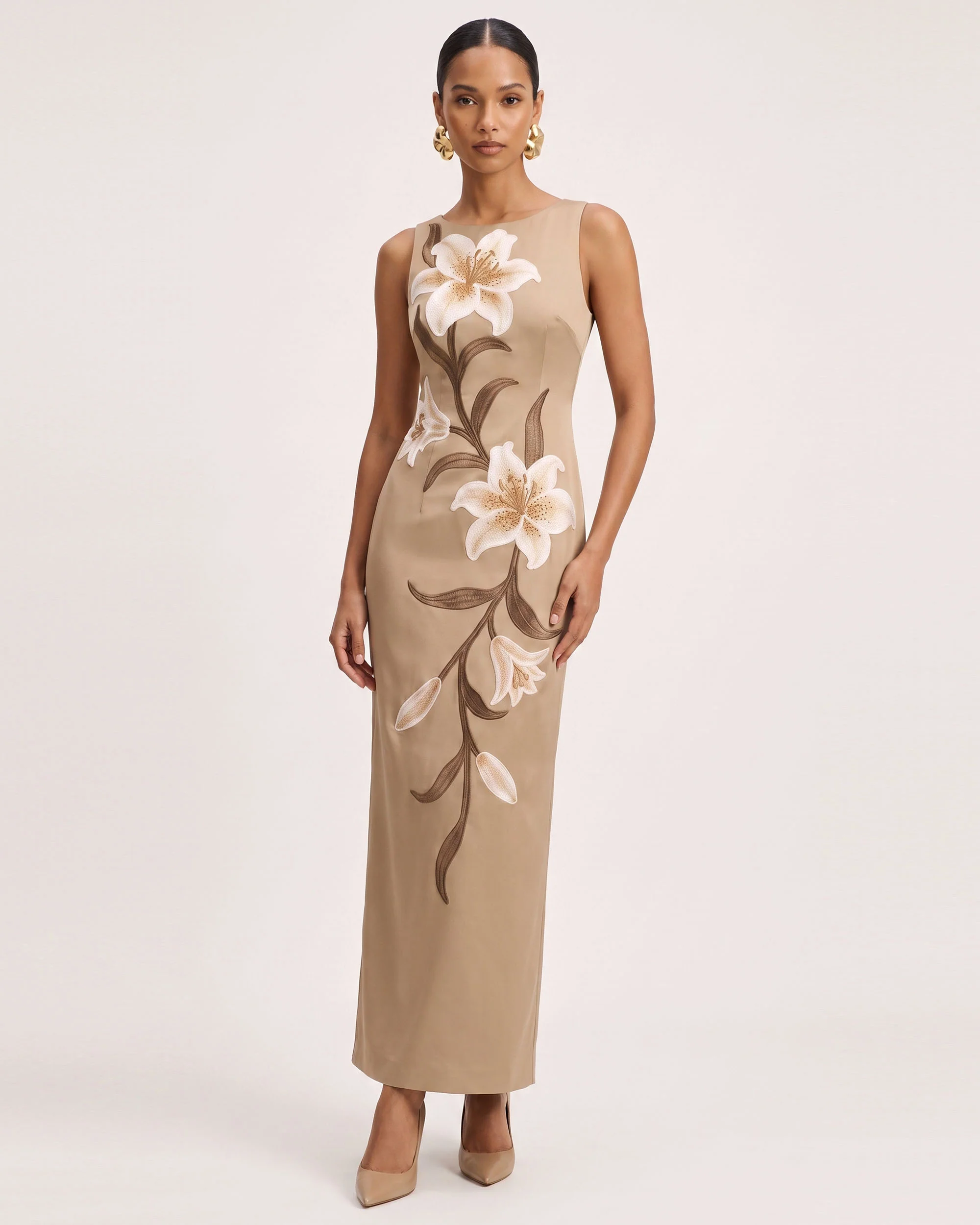 Lily Floral Print Sleeveless Column Maxi Dress - Mocha Brown - FASHION NOB