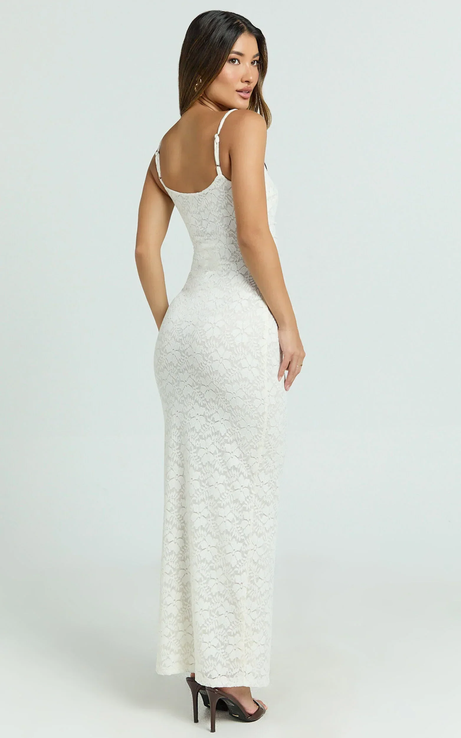 Carly Maxi Dress - Stretch Lace Scoop Neck Dress in Off White