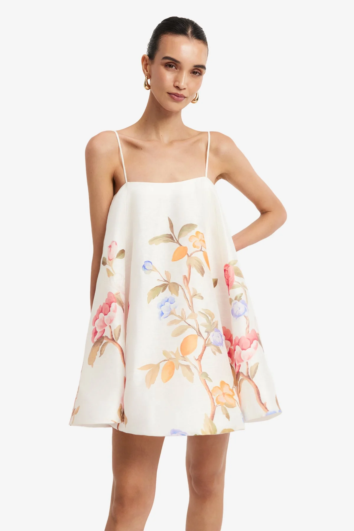 Caitlin Mini Dress - Lemon Vine Print in Snow