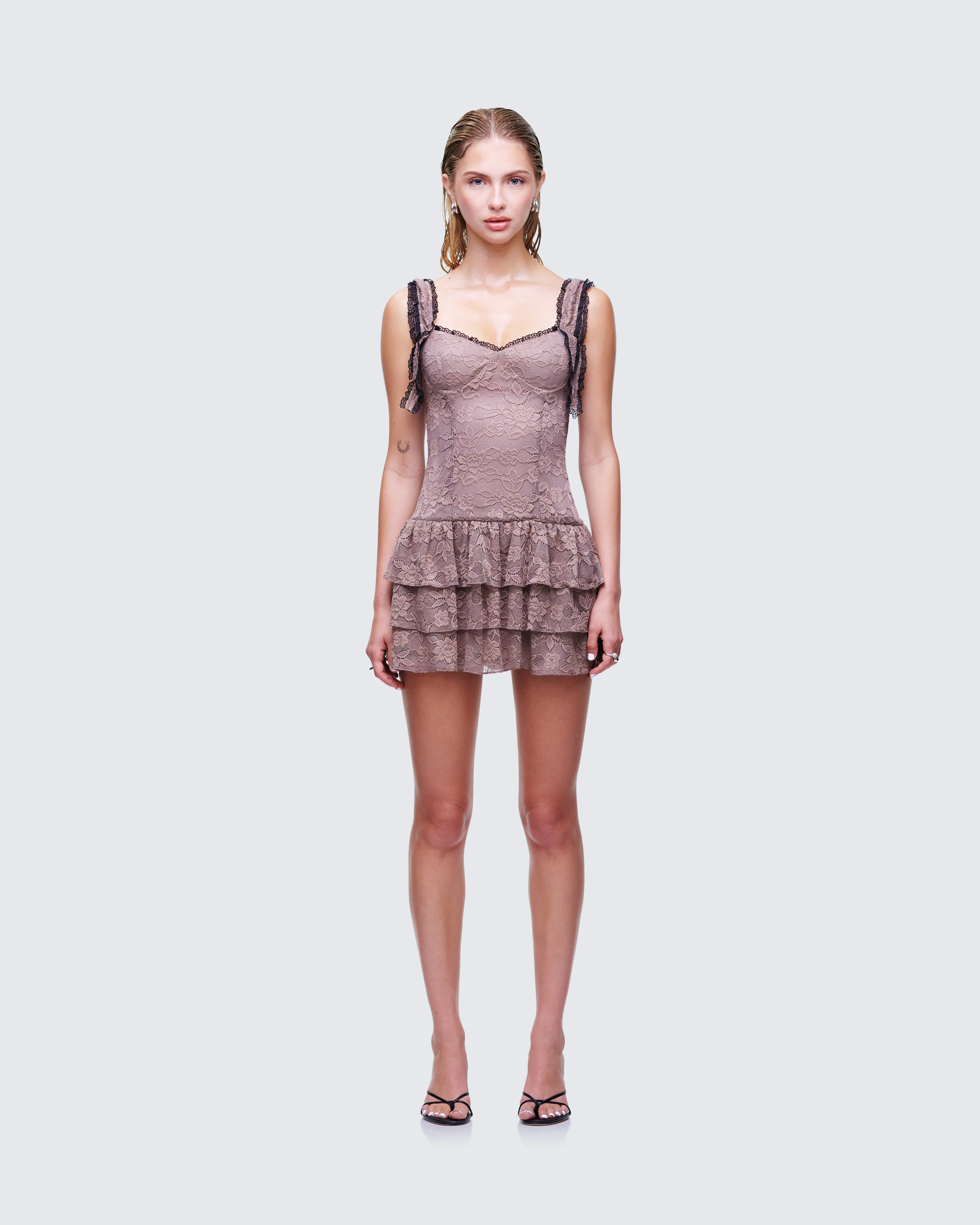 Jayella Tan Lace Mini Dress