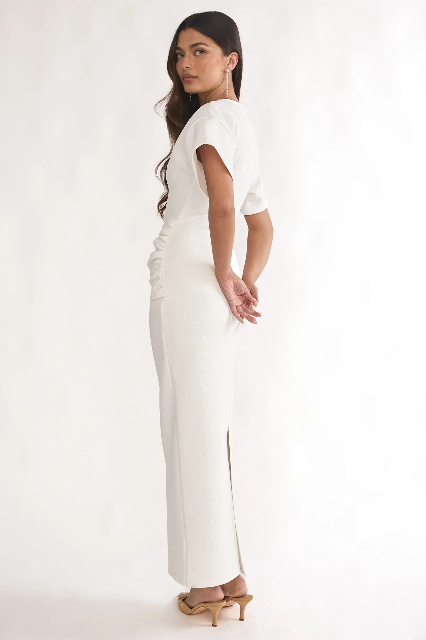 Briona Short Sleeve Buckle Maxi Dress White