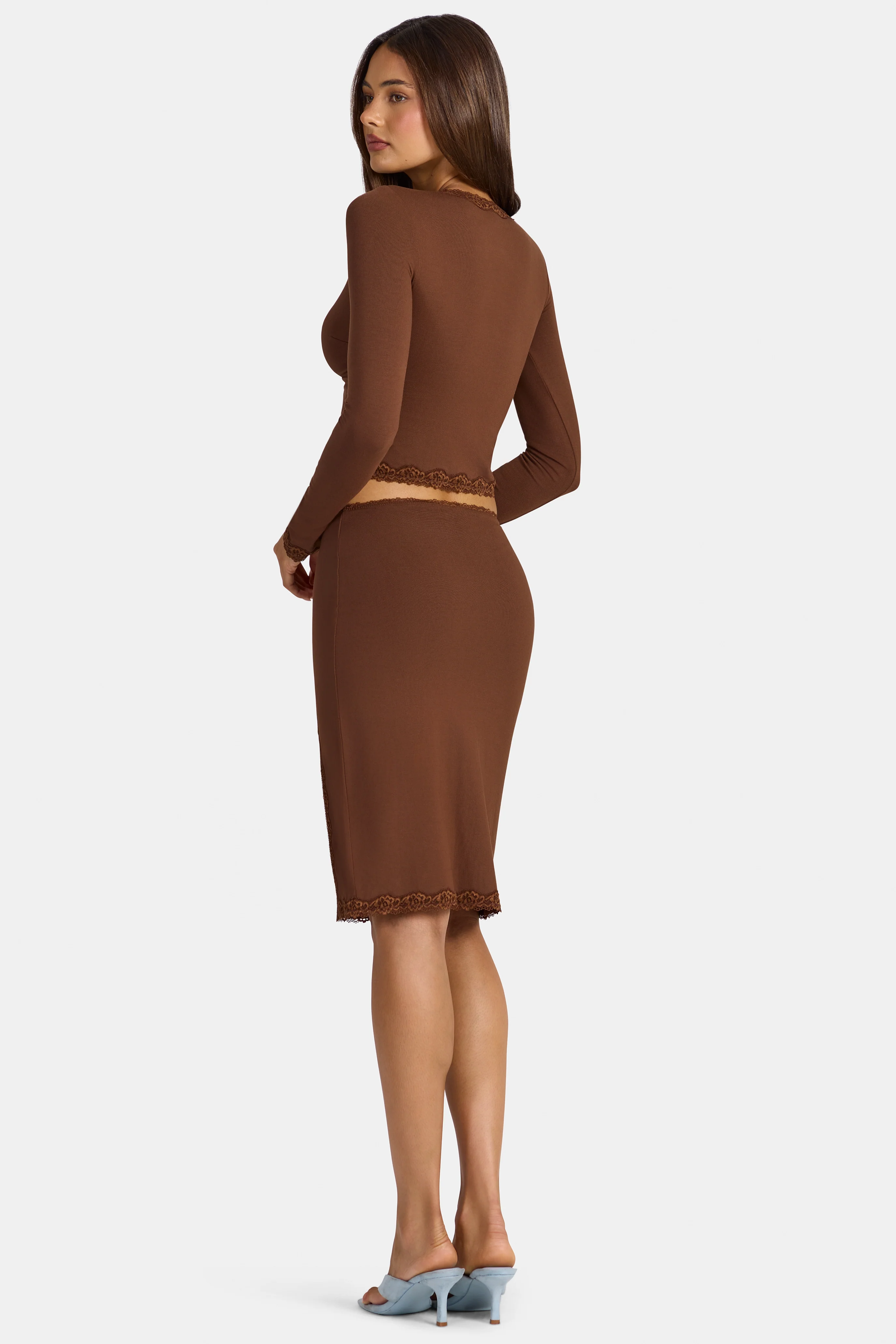 Modal Lace-Trim Low-Rise Midi Skirt in Cocoa Brown