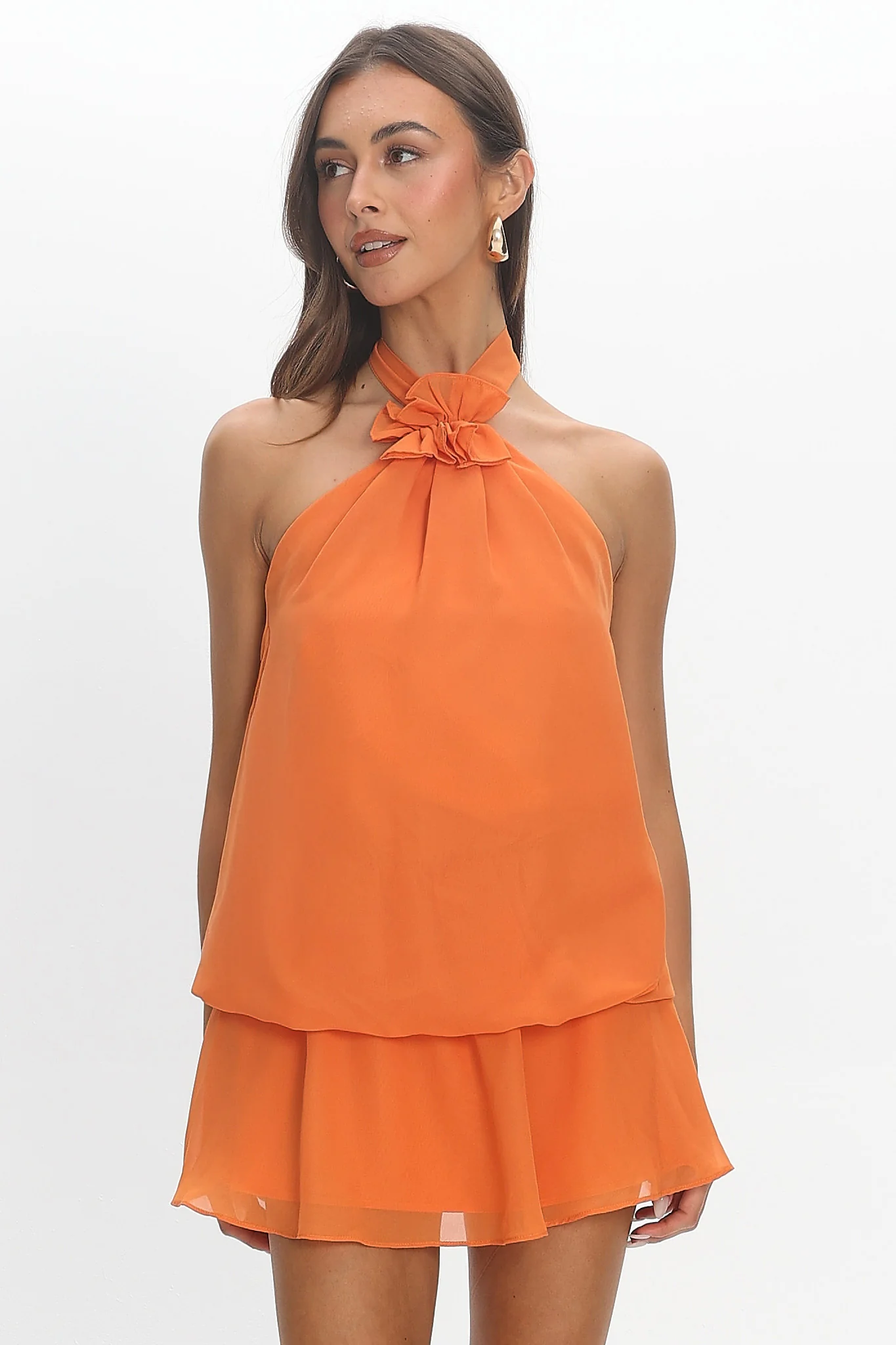 Aniyah Layered Halter Mini Dress Tangerine - luluinthesky