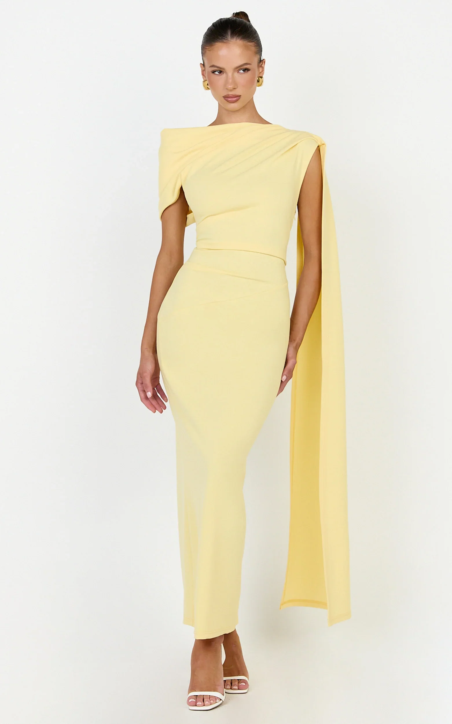 Visenta Midi Dress - Asymmetrical Sleeve Dress in Yellow