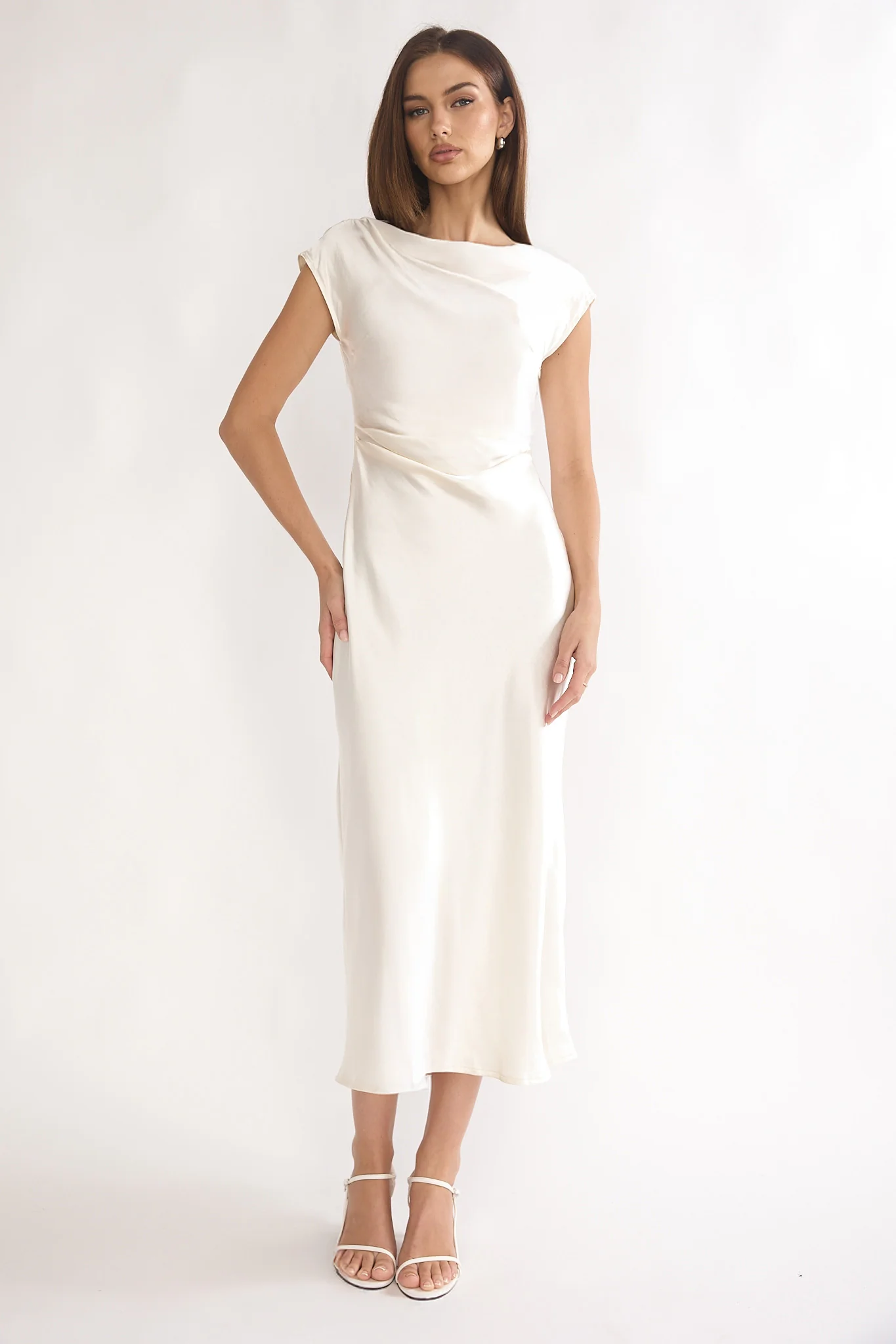 Loveland Pleat Cowl Back Midi Dress Oyster - luluinthesky