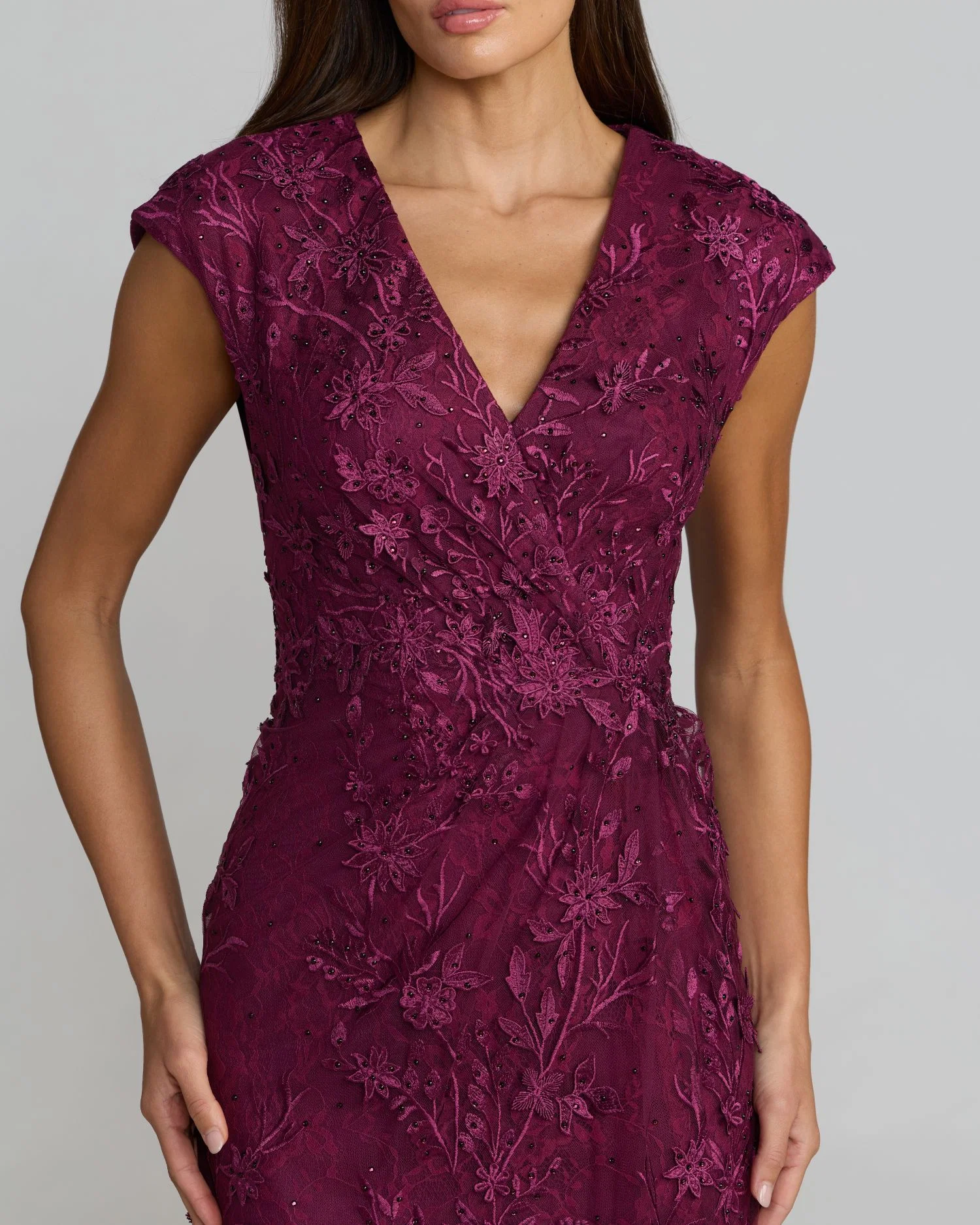 Amethyst Faux Wrap Floral Embroidered Cap Sleeve Gown