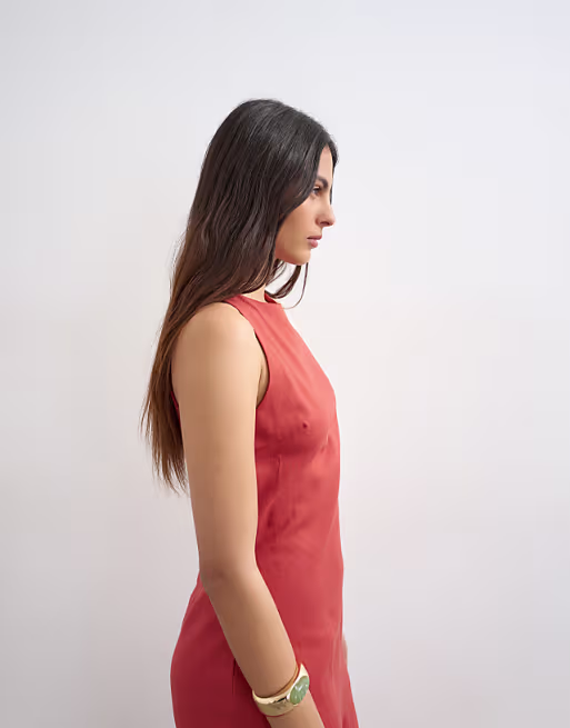 Topshop linen rich dropped waist full circle hem midi dress in burgundy