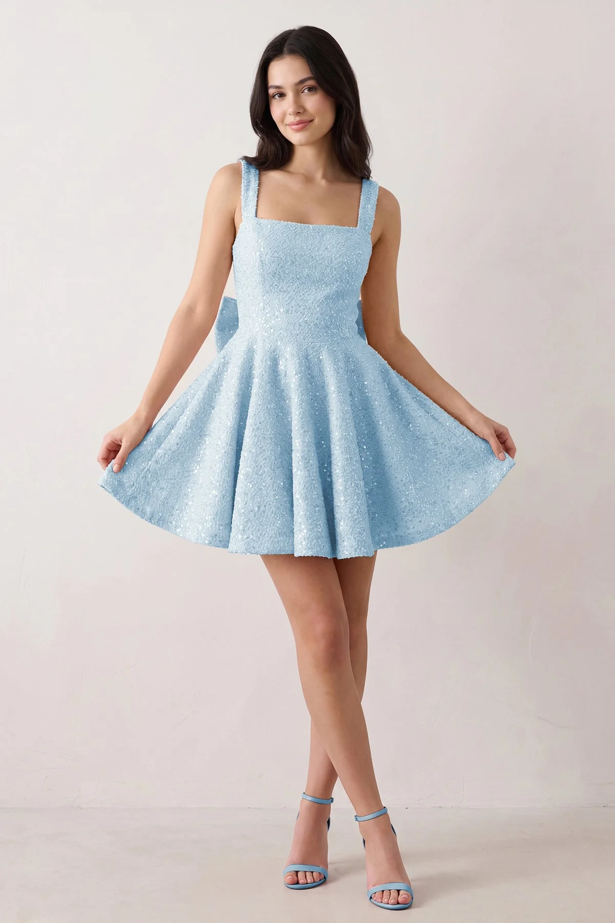Sparkly Pink Square Neck A-Line Sequin Ruched Homecoming Dress with Bow