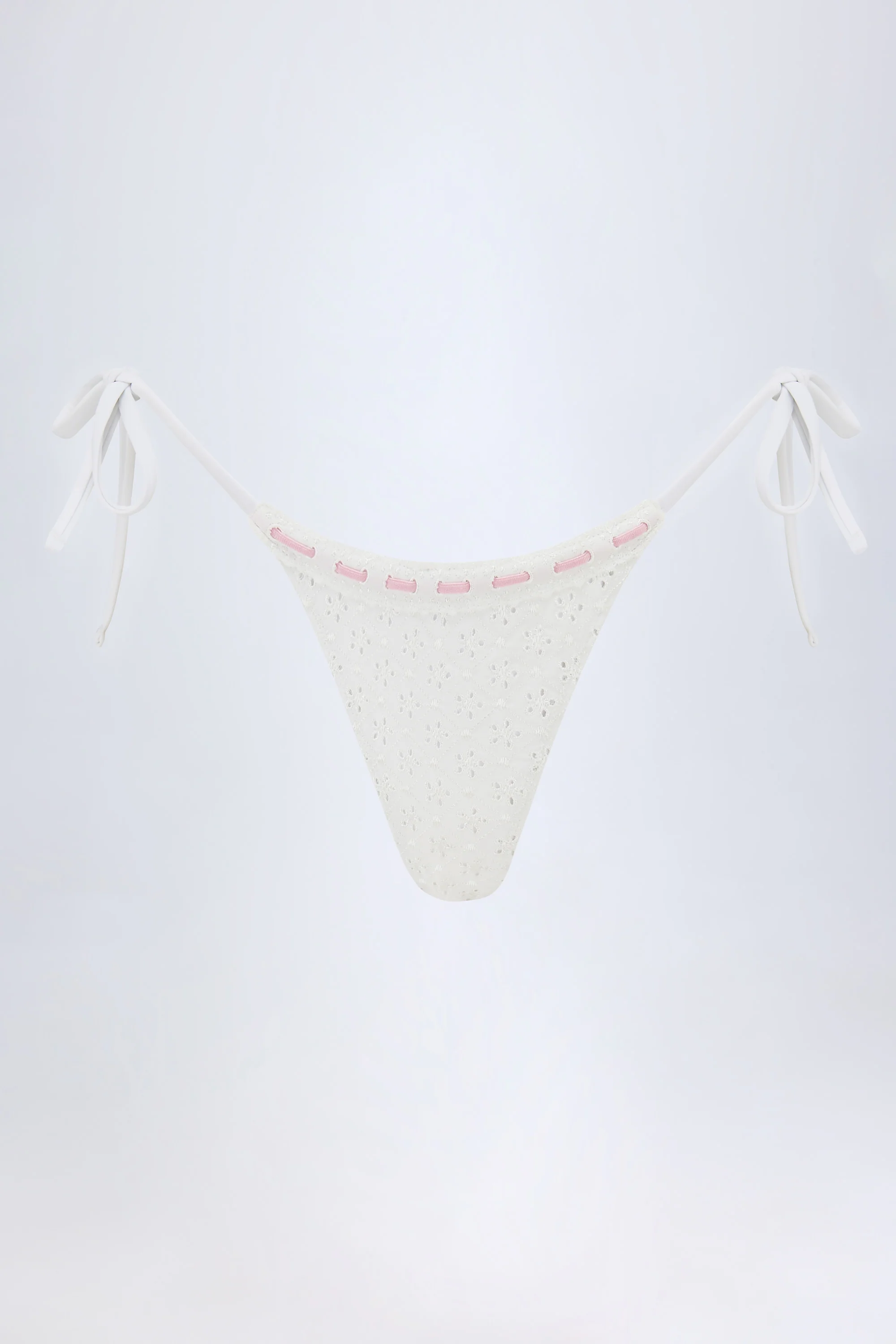 Broderie Anglaise Side-Tie Thong Bikini Bottoms in White