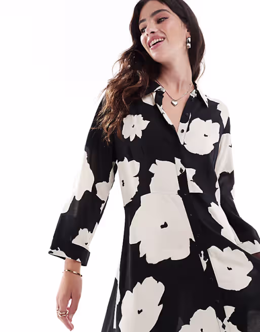YAS maxi shirt dress in mono floral print