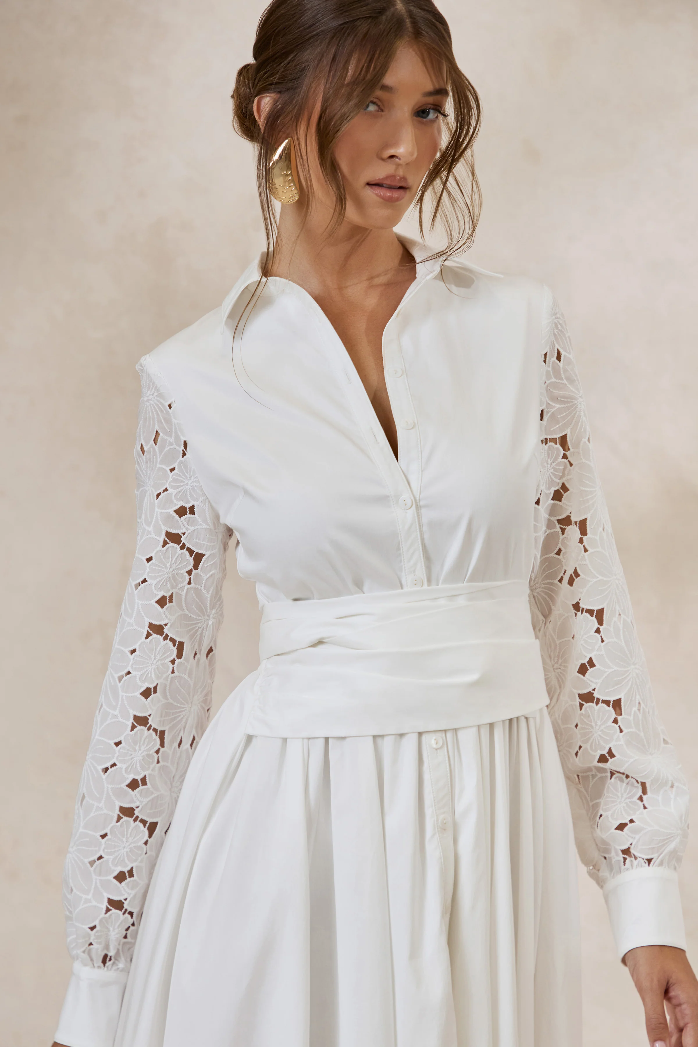Zalynne | White Broderie Collared-Neck Midi Dress