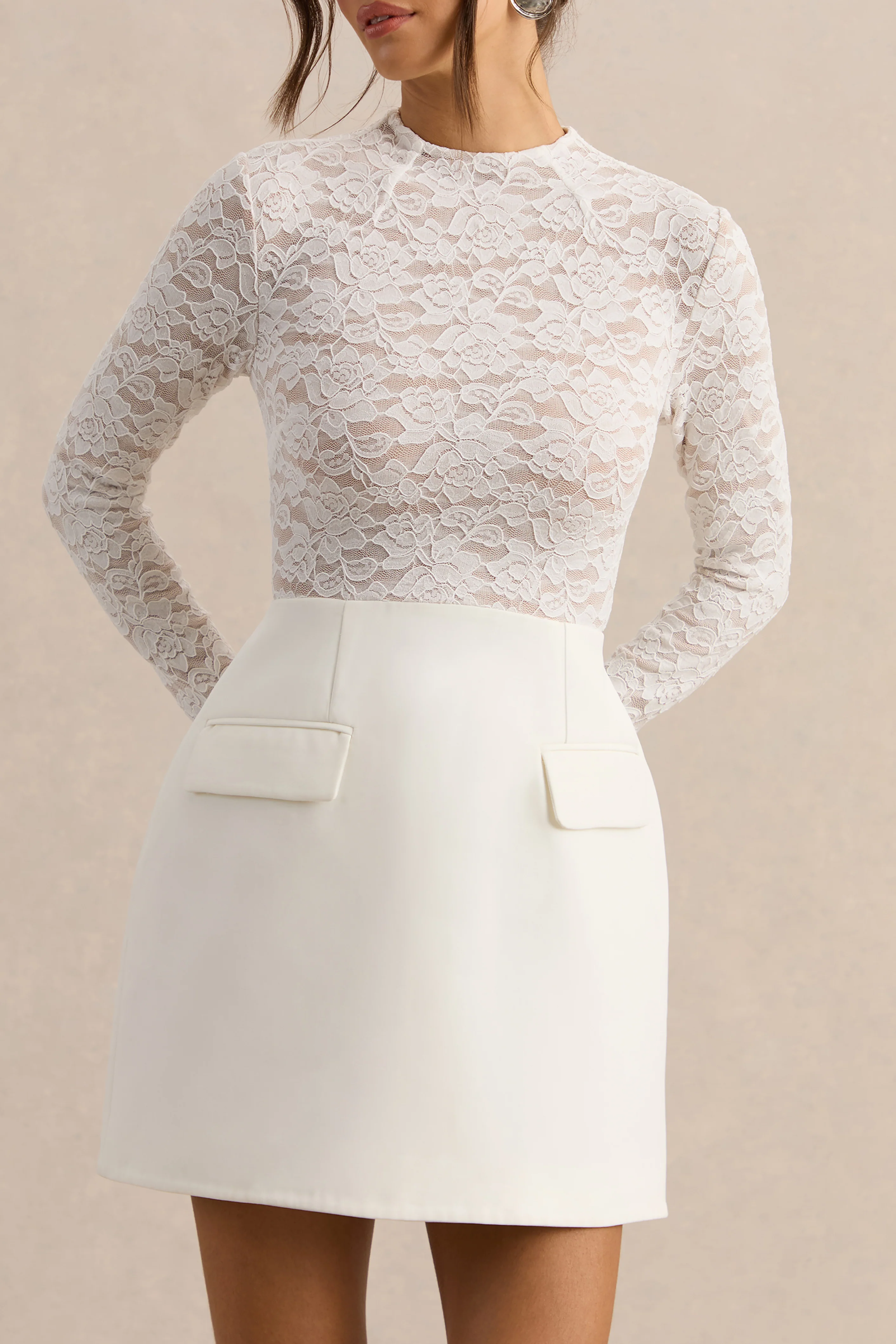 Mysteria | White High-Neck Lace Mini-Dress With Pocket-Details