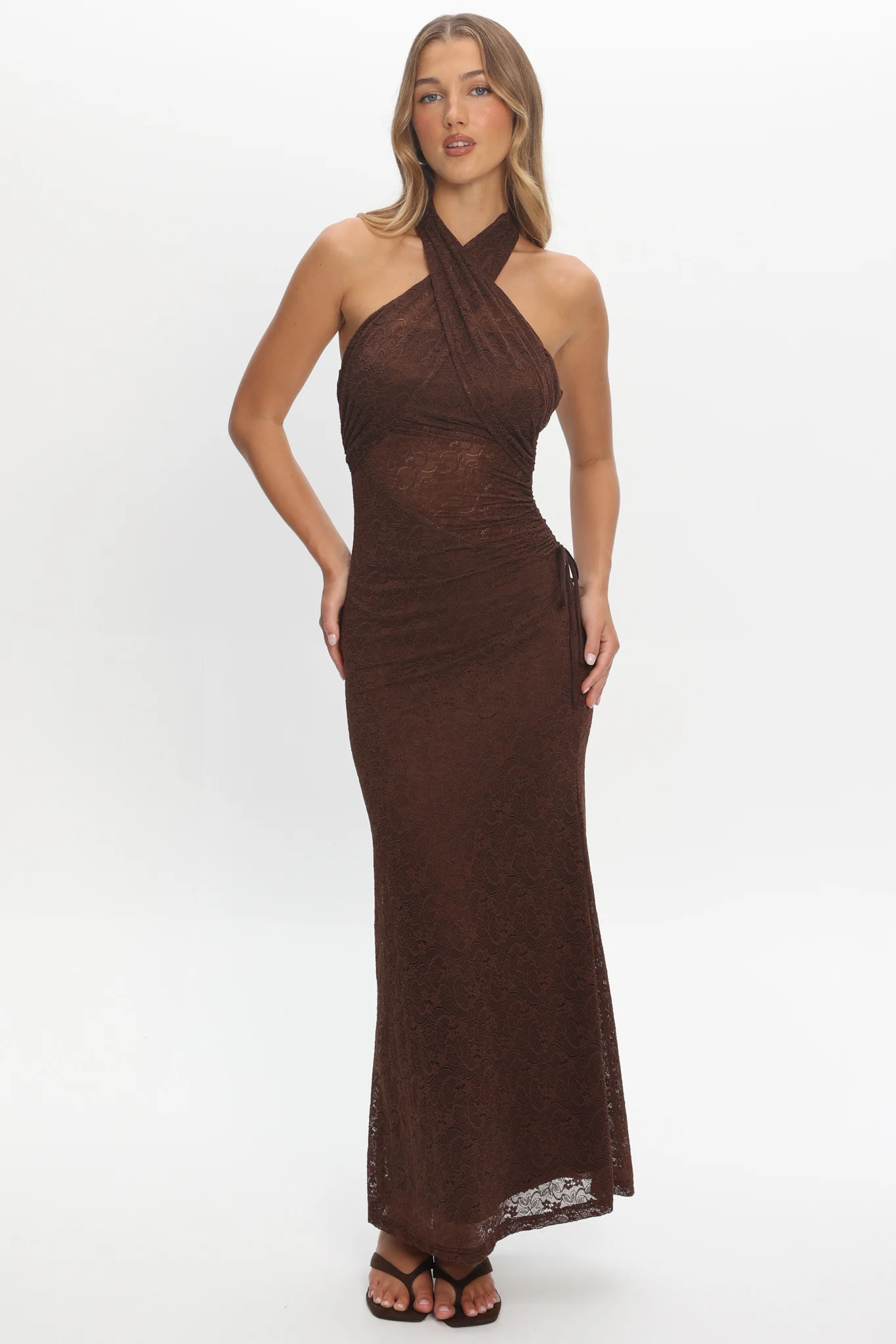 Karmella Ruched Halterneck Maxi Dress Chocolate