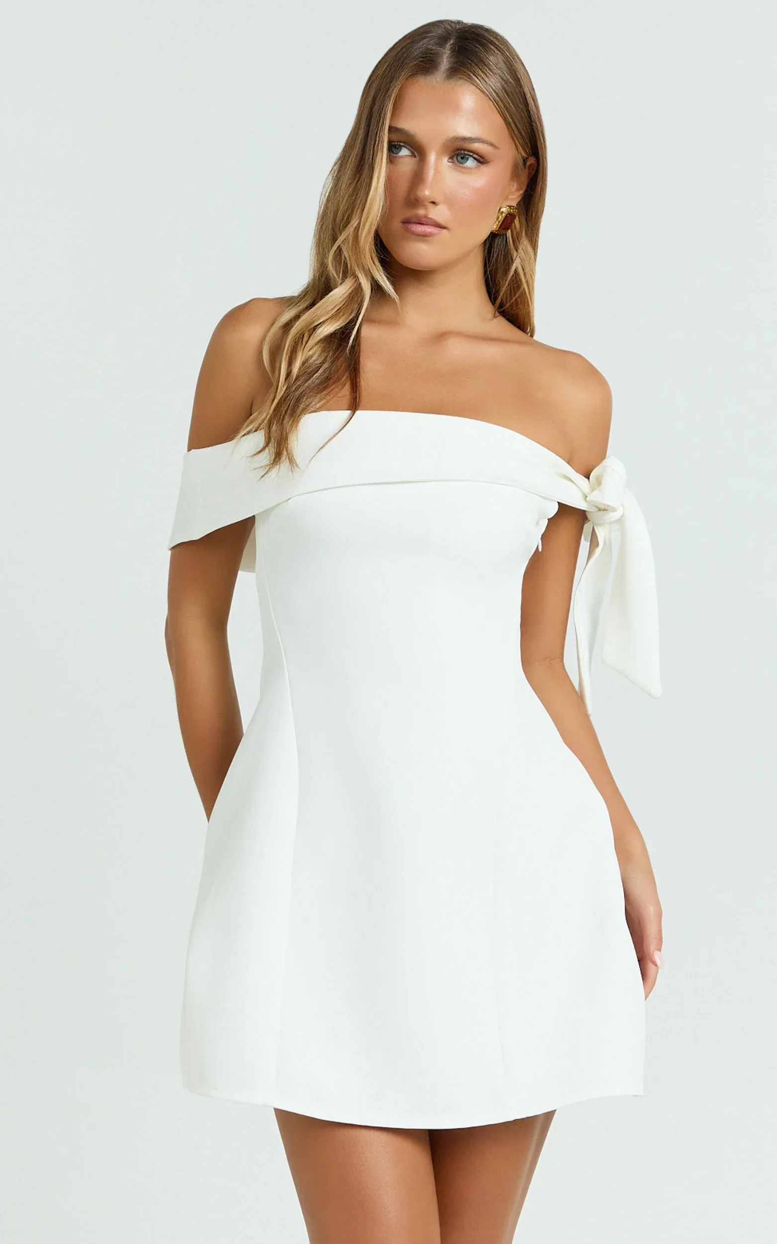 Cecilia Mini Dress - Off Shoulder Tie Detail Dress in White