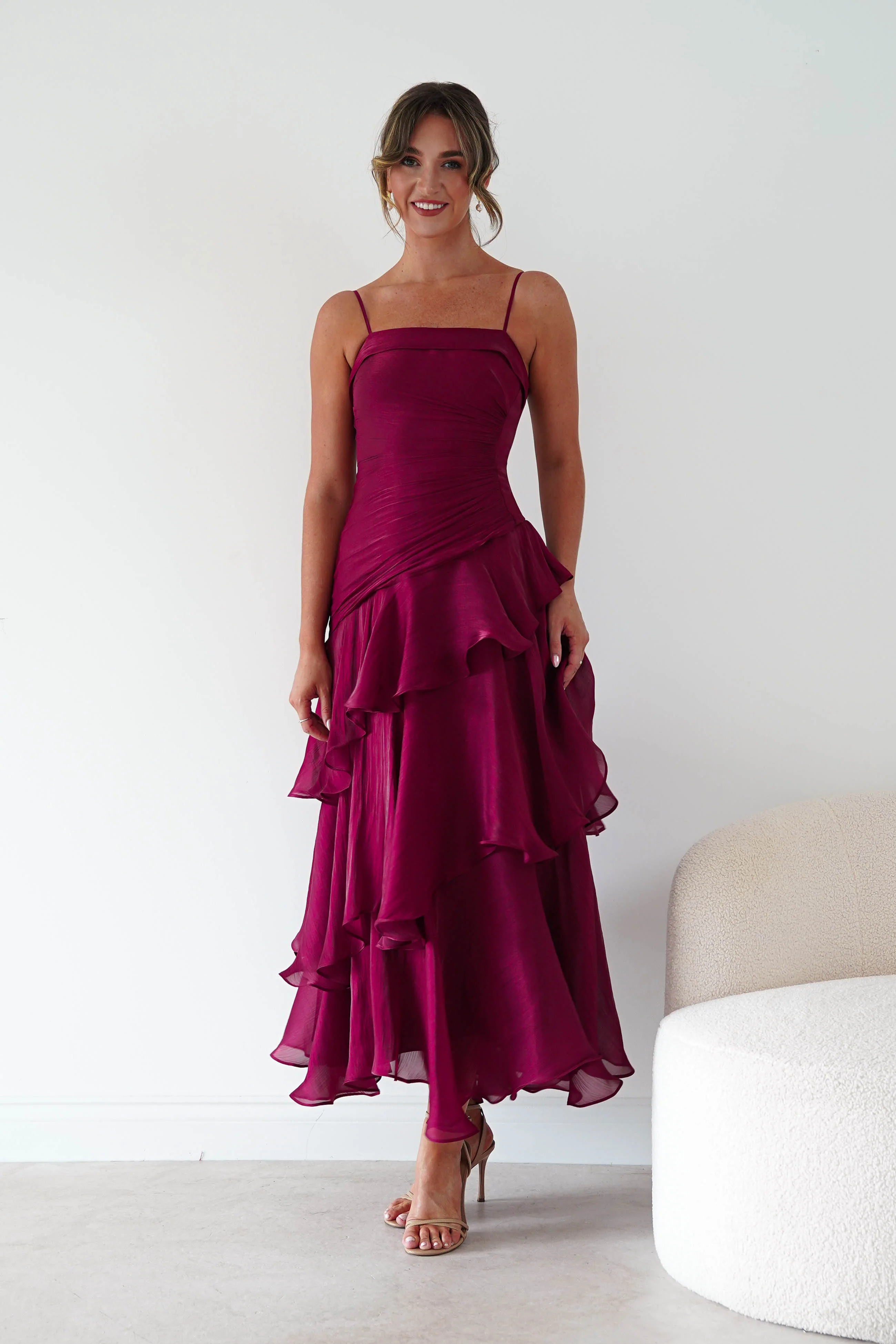 Renee Luminescent Ruffle Maxi Dress | Wine