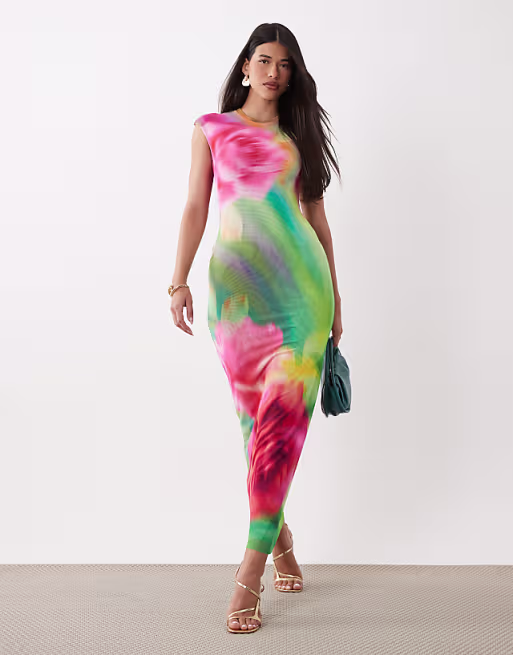AFRM Mylo printed mesh cap sleeve maxi dress in abstract floral print