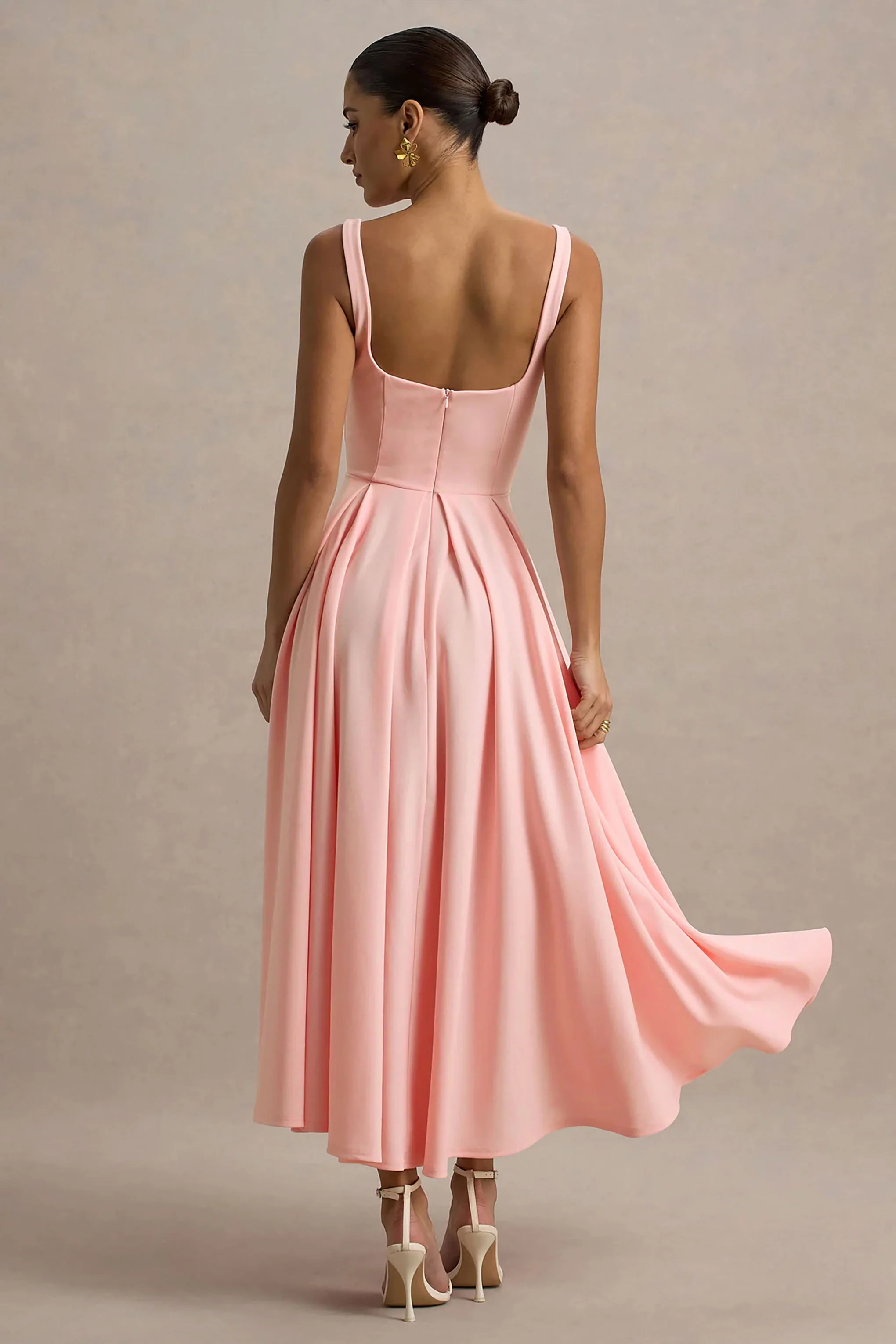 Parina | Pink Strappy Volume-Hem Midi Dress