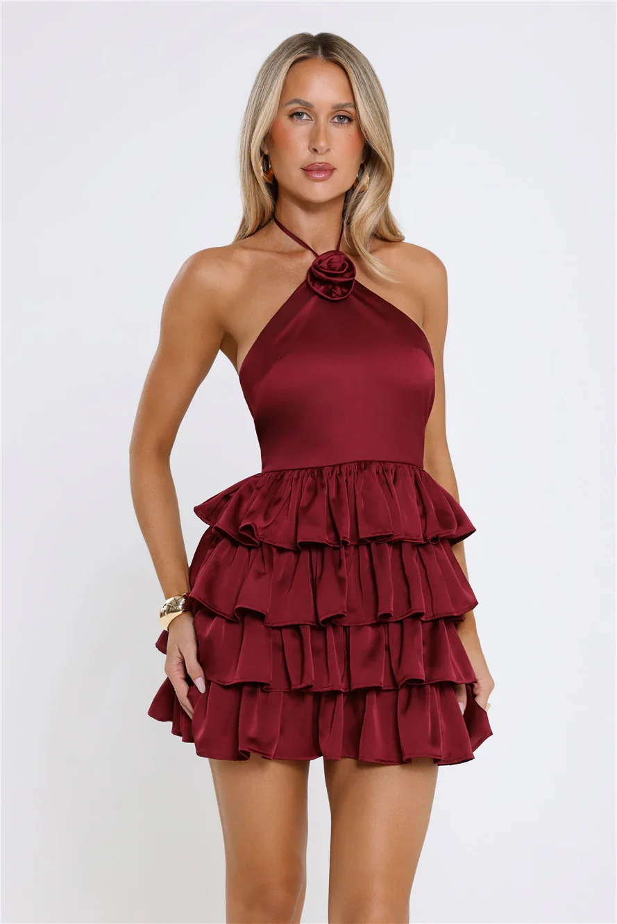 Moonlit Star Halter Satin Mini Dress Burgundy
