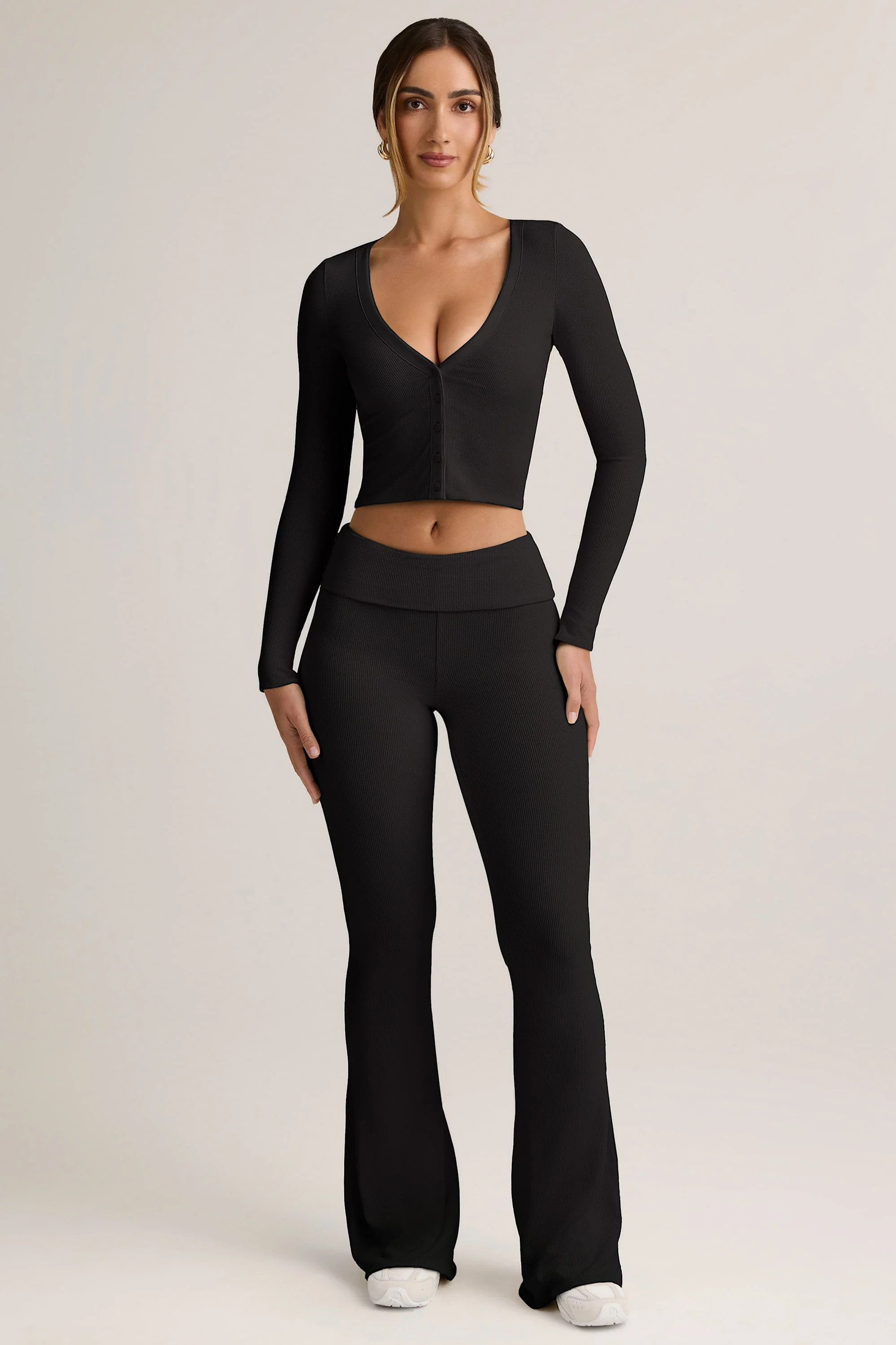 Modal Ribbed Foldover Flared Trousers in Black