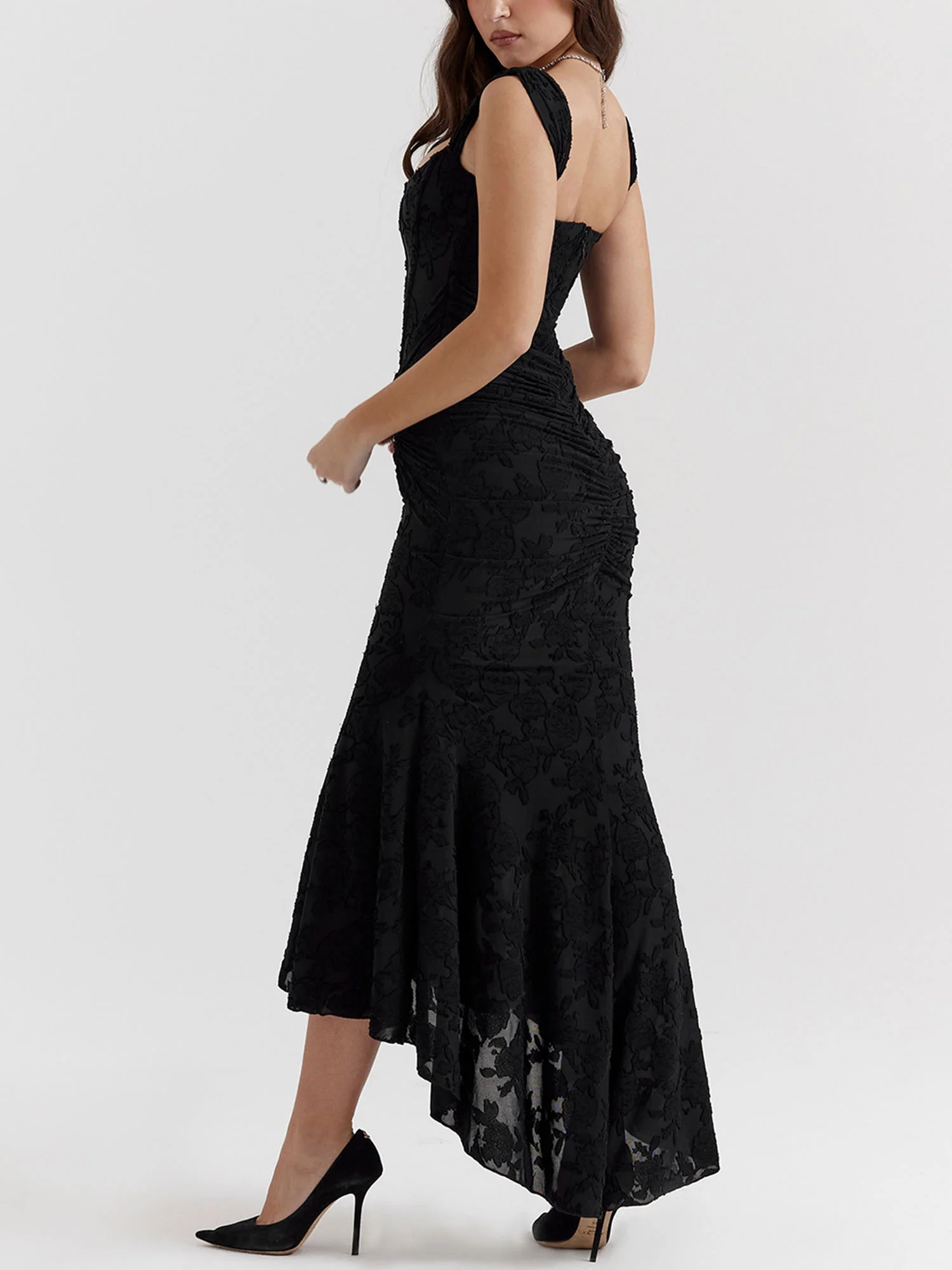 Black Textured Asymmetrical Midi Dress