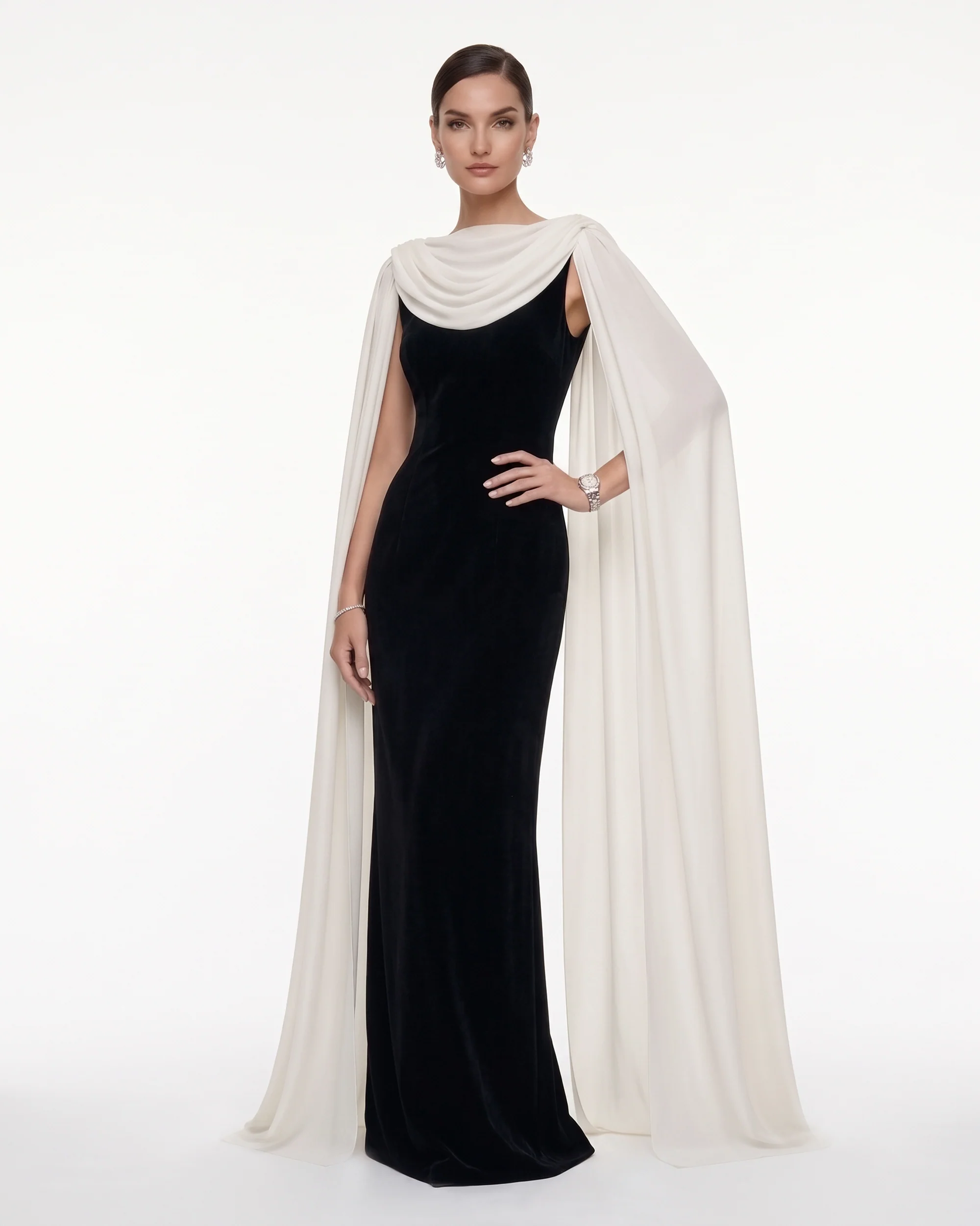 Cowl Neck Sheer Cape Maxi Gown - Black & White