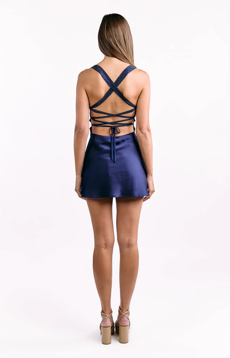 Jazzy Navy Contrast Rhinestone Mini Dress - luluinthesky