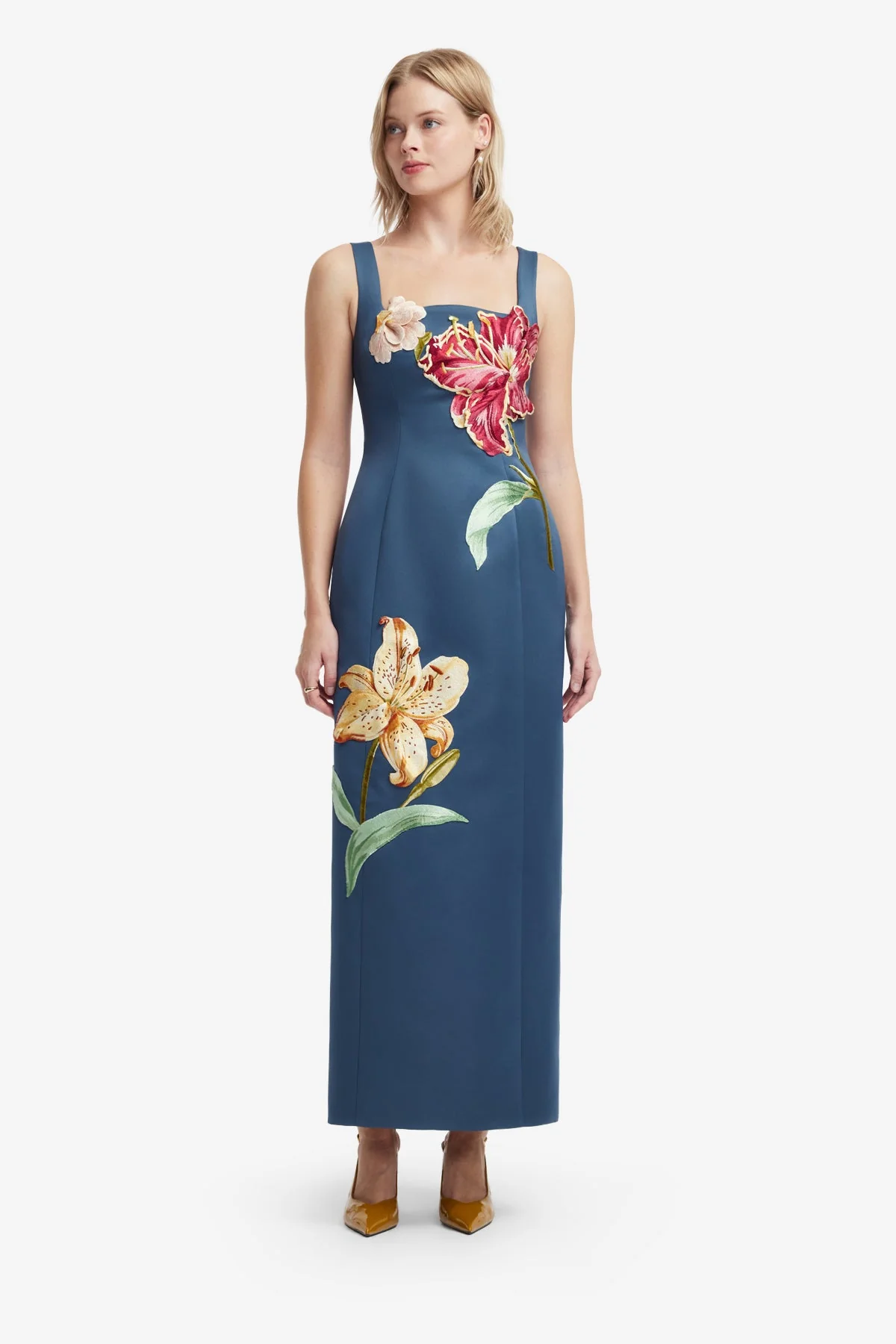 Adelina Embroidered Maxi Dress - Lily Print in Indigo