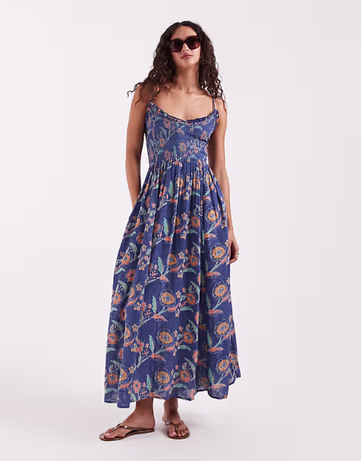 Free People ciella printed midi dress in blue floral combo