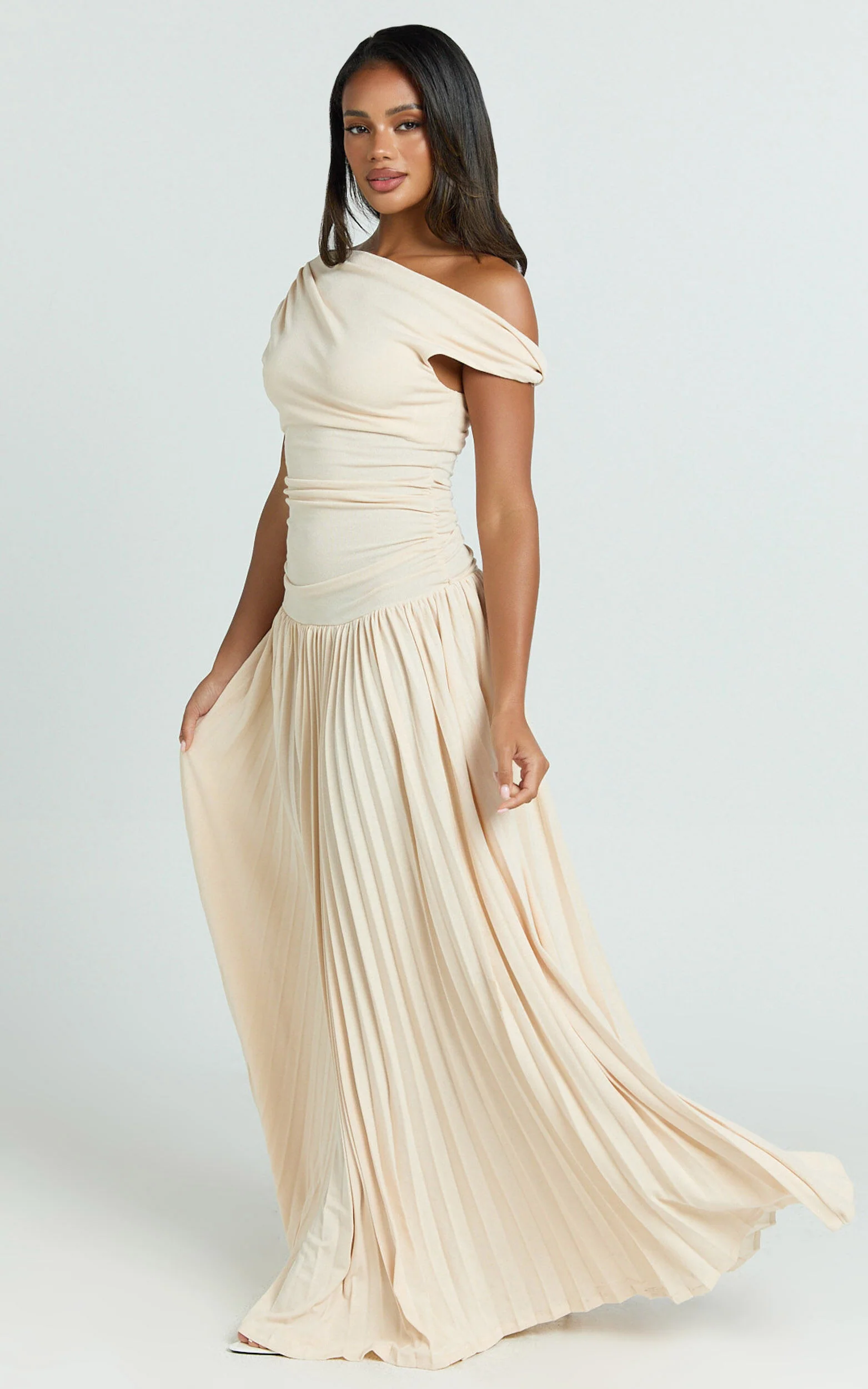 Yvonne Maxi Dress - Jersey Tip Shoulder Ruched Dress in Off White