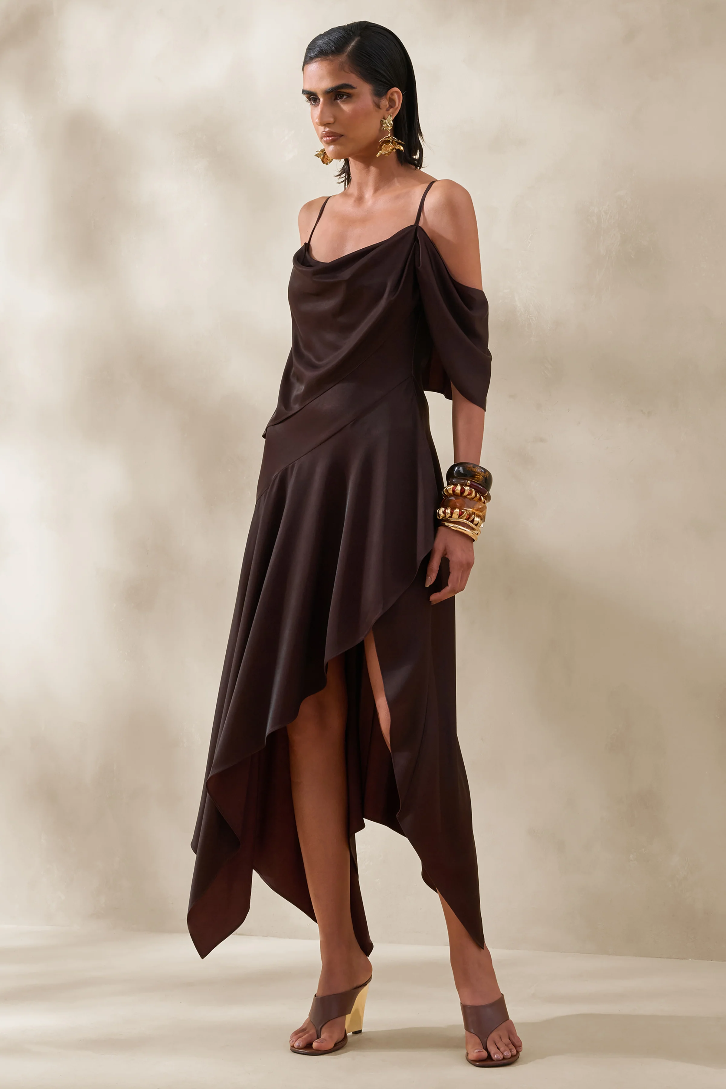 Helira | Brown Asymmetric Midi Dress With Draping Detailing and Open-Back