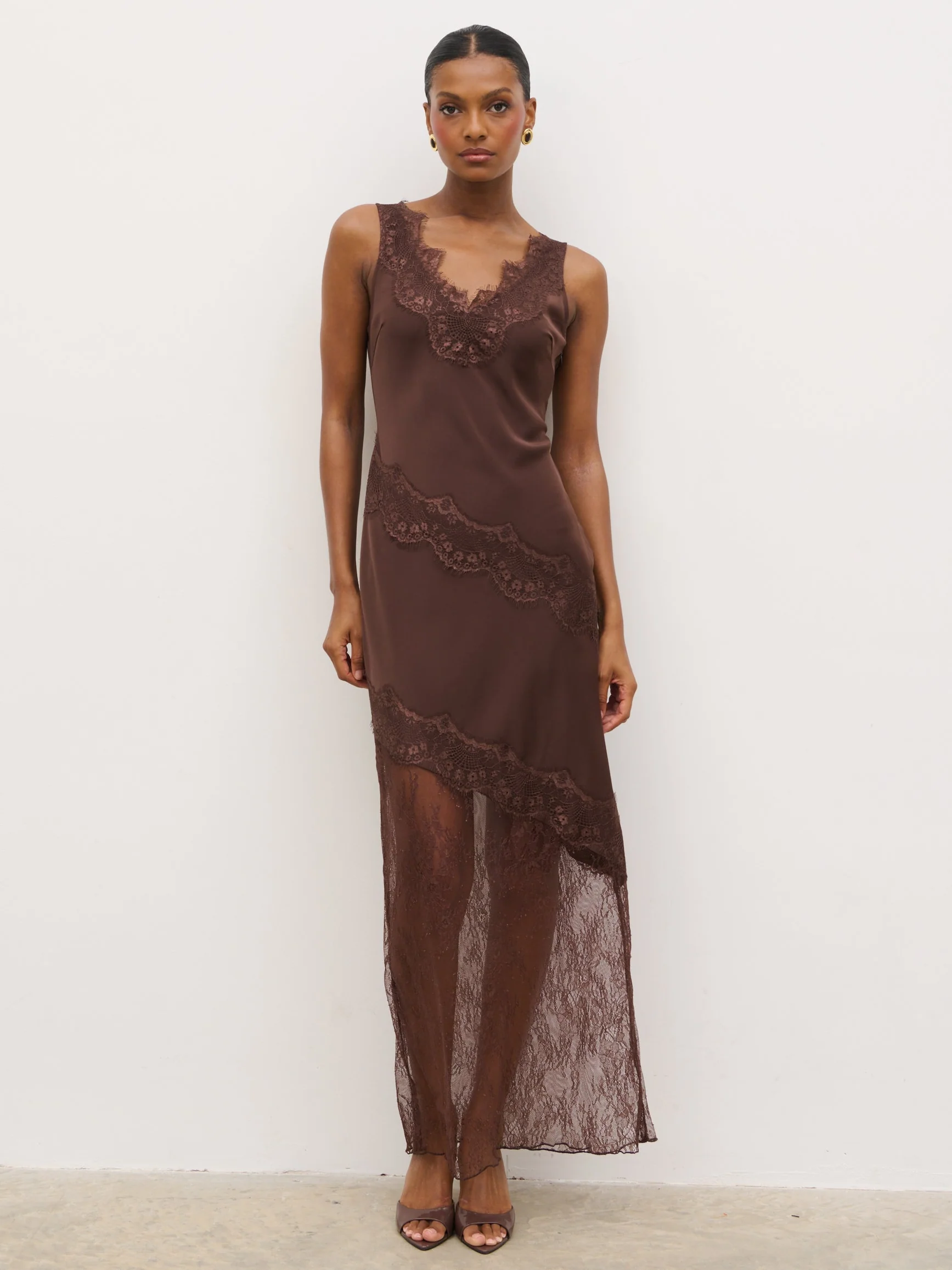 Robin Slip Lace Maxi Dress - Chocolate Brown