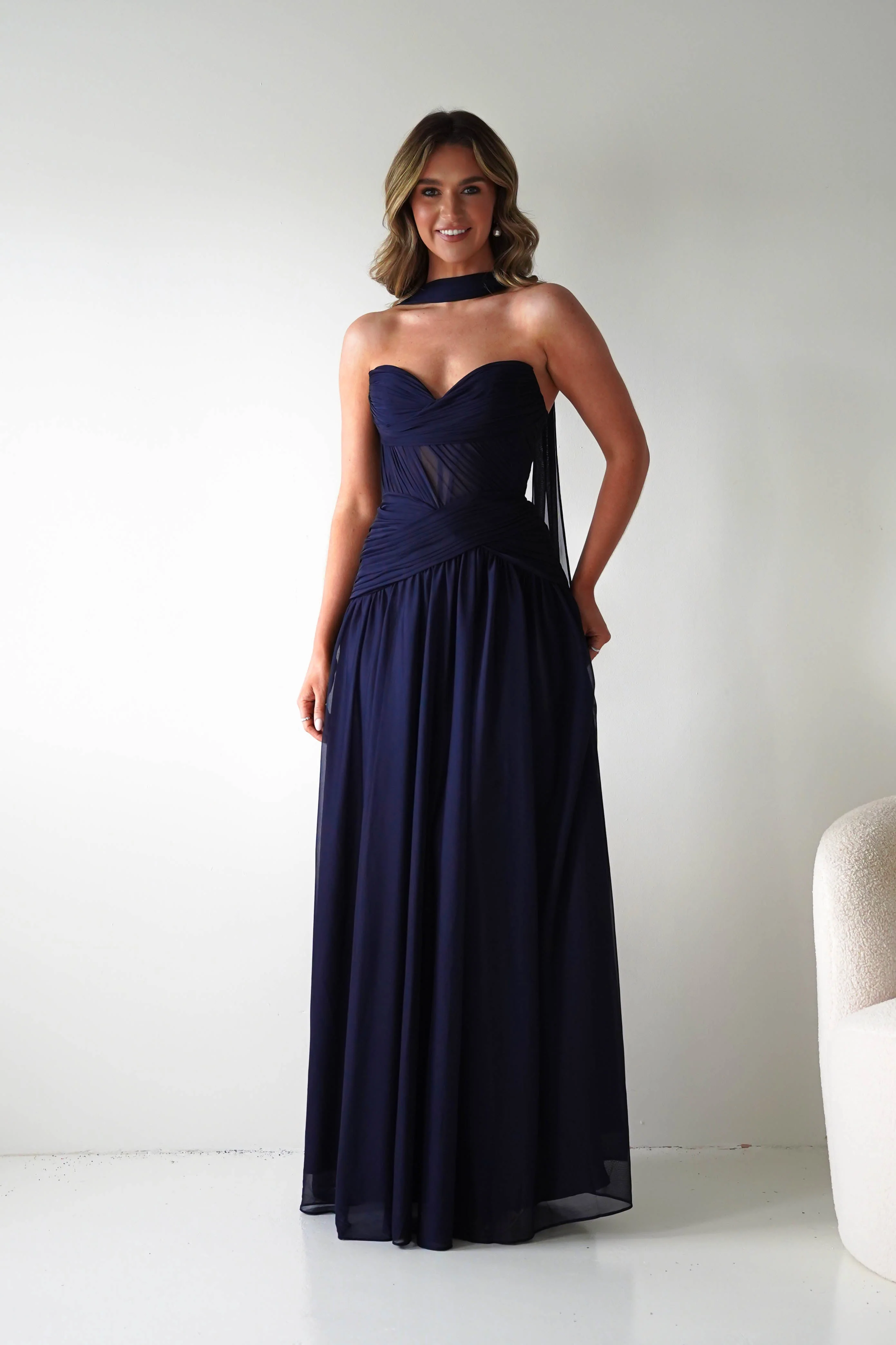 Nicolette Strapless Chiffon Maxi Gown | Navy