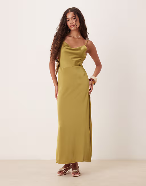 Vila satin cowl neck maxi dress in olive green