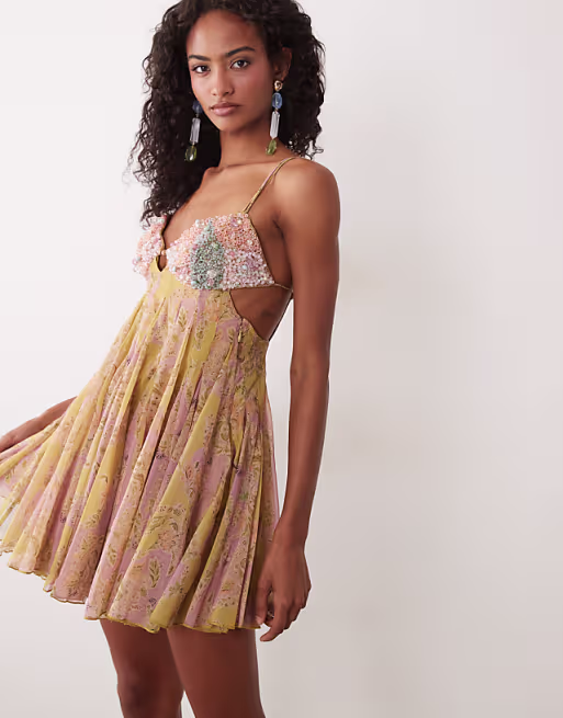 embellished bust cami cut out mini dress in yellow paisley print