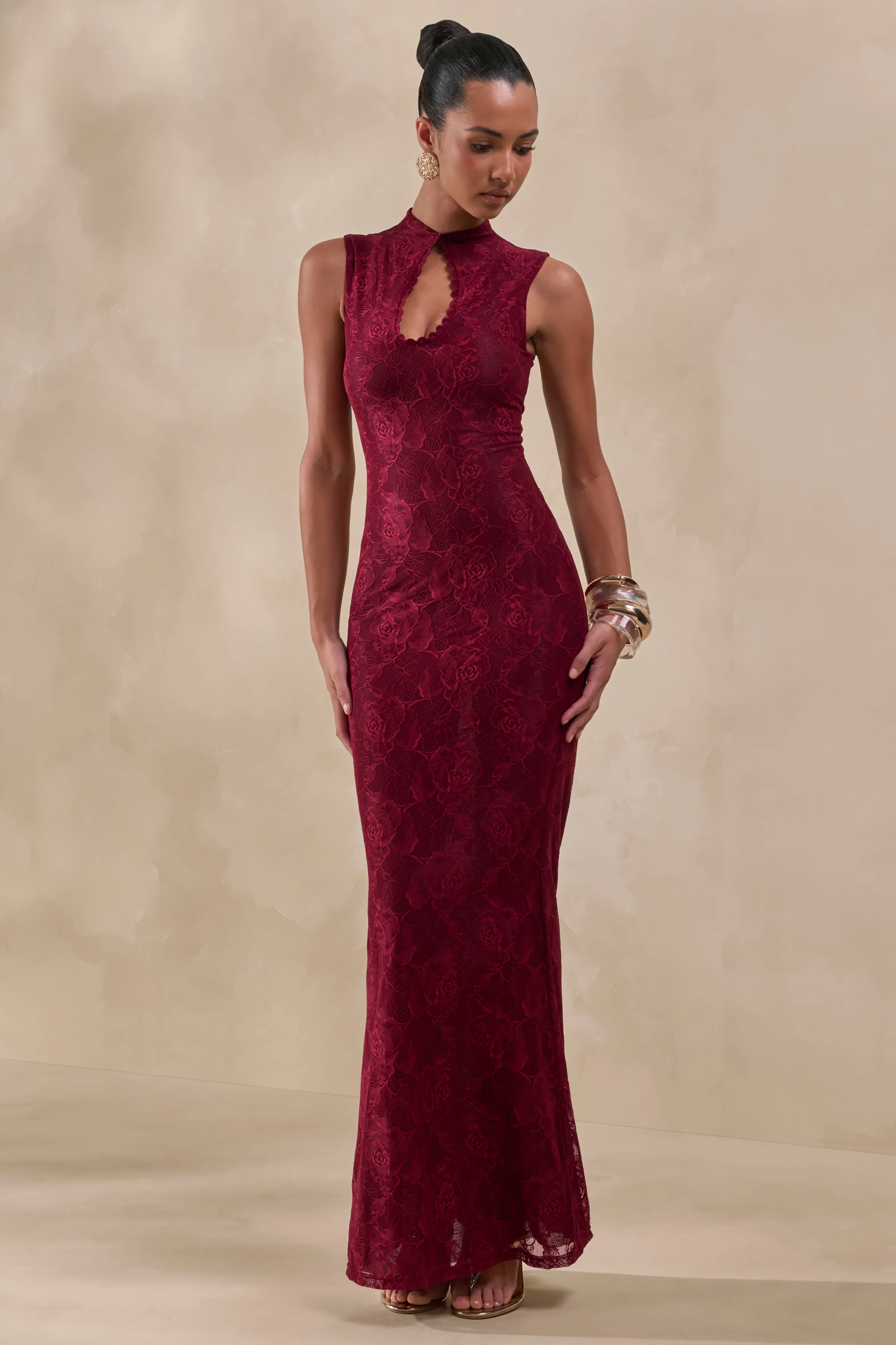 Ravissa | Burgundy Lace High-Neck Maxi Dress