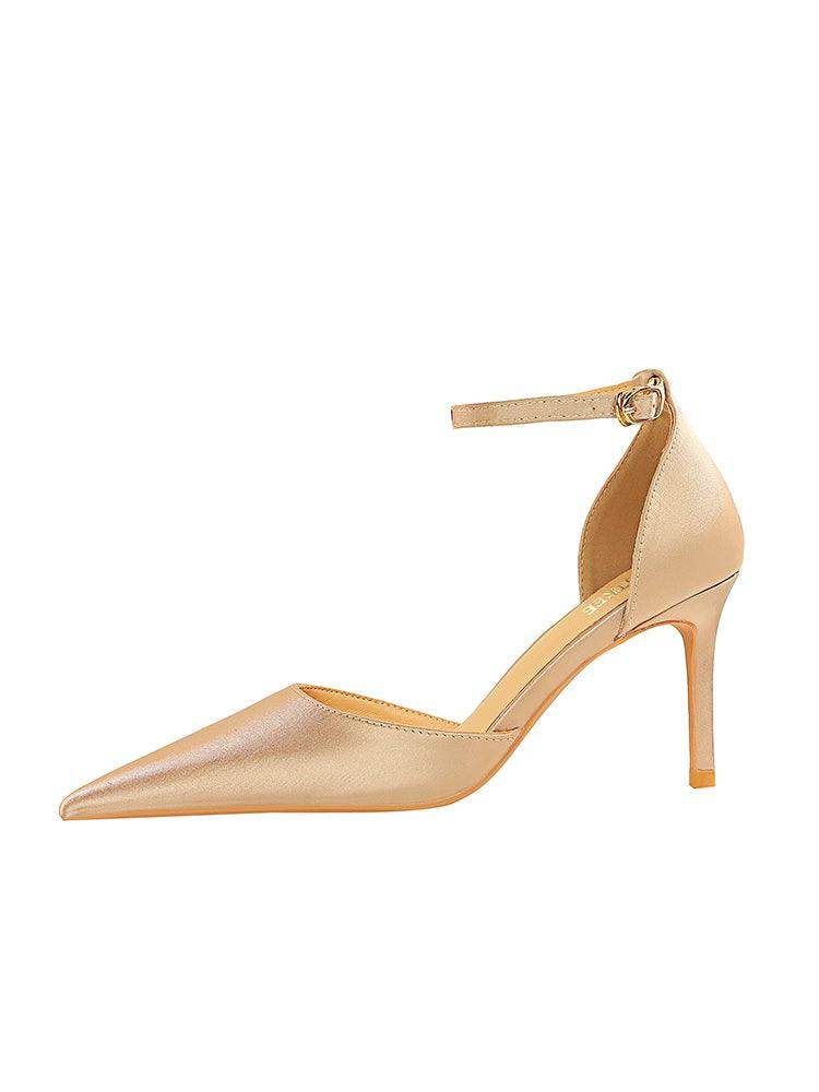 Champagne Satin Pointy Stiletto Heels 674228626275