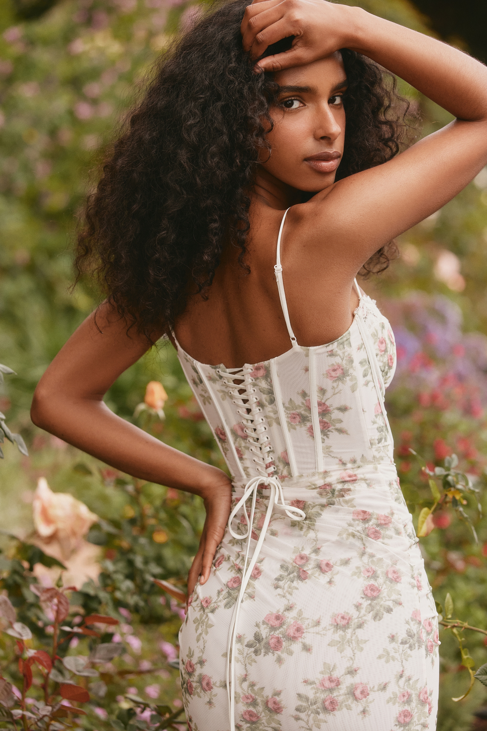 Cream Rose Print Mesh Maxi Dress