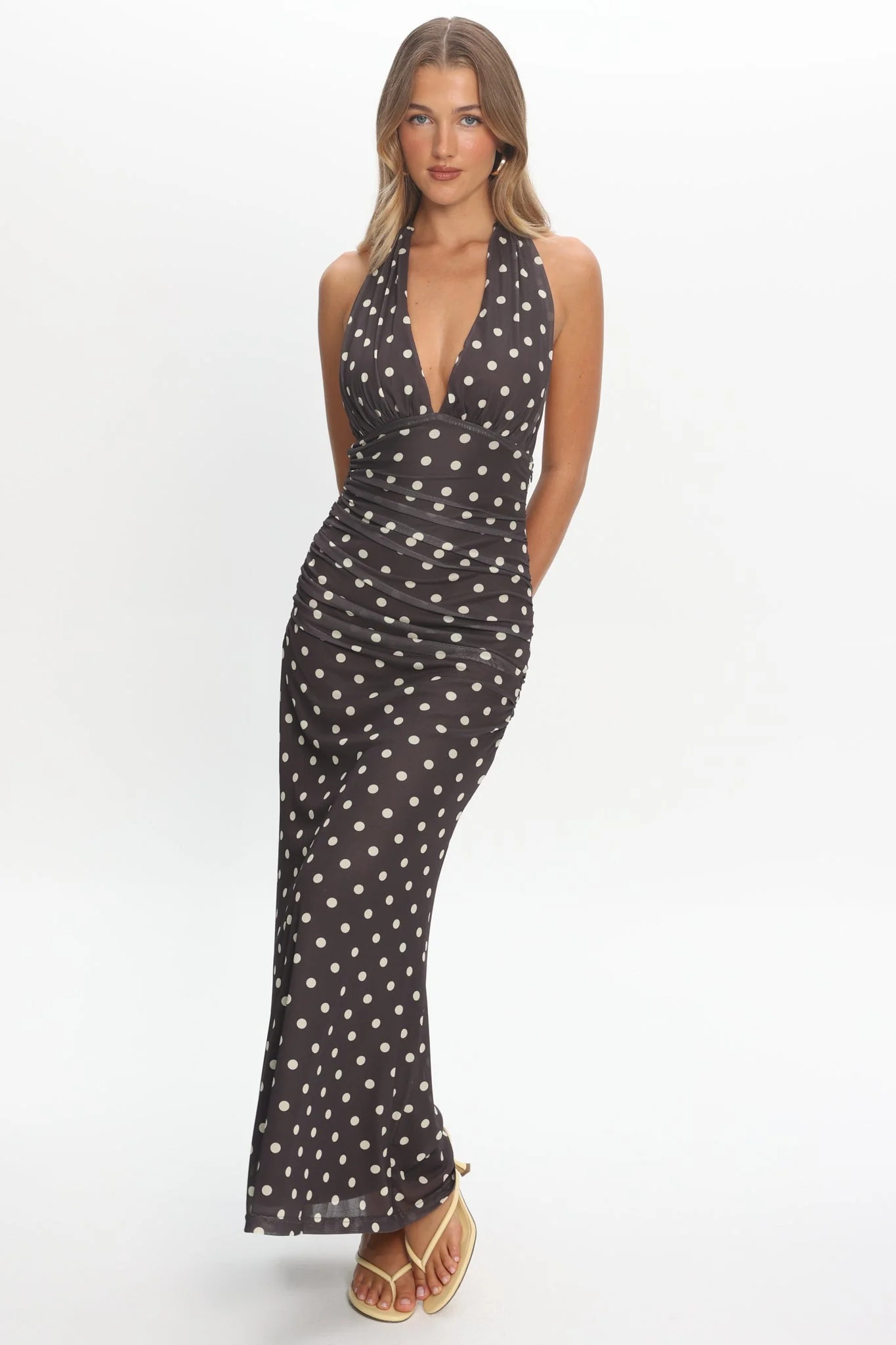 Annorah Halterneck Maxi Dress Polka Dot Chocolate