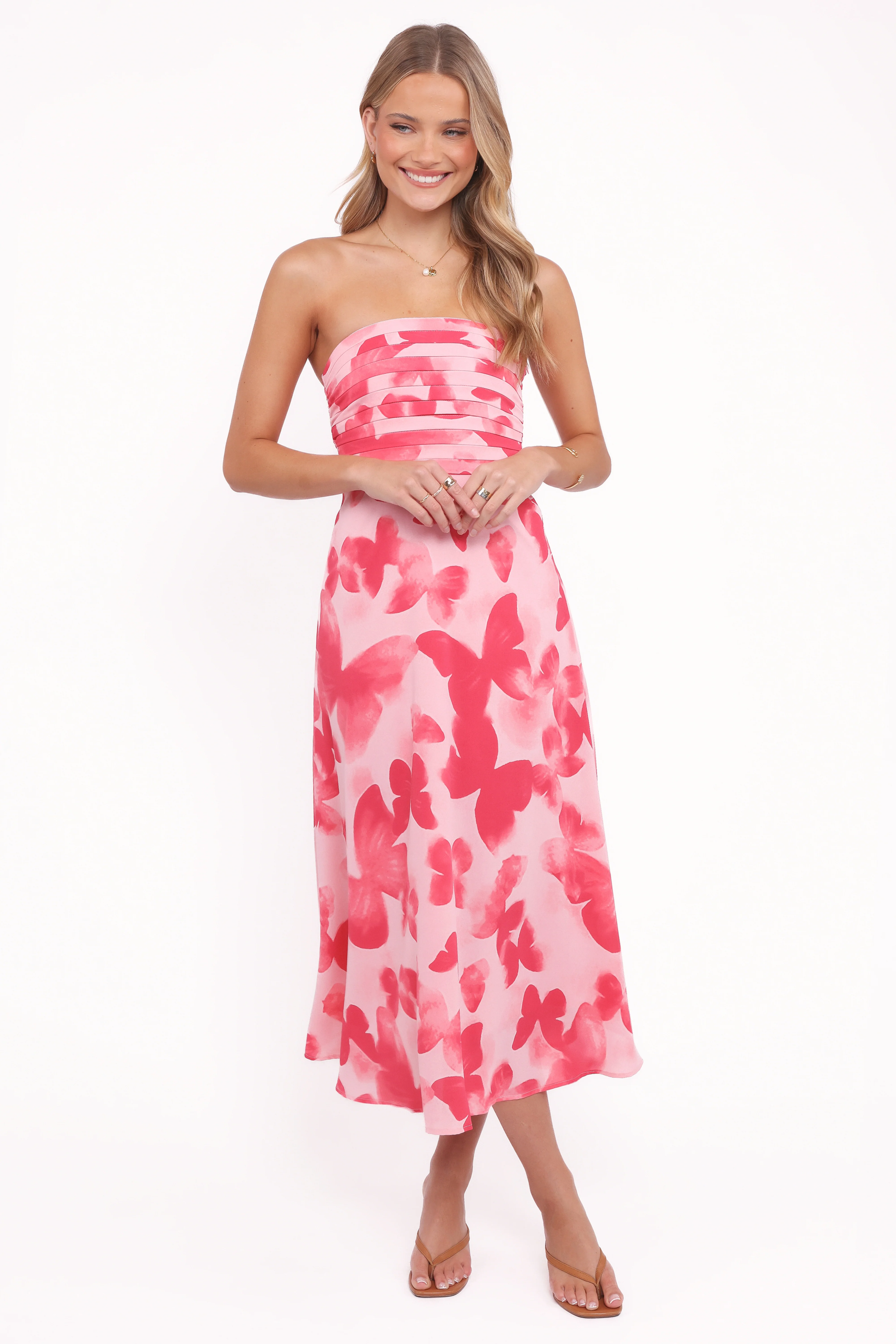 Kenna Strapless Midi Dress - Butterfly Print